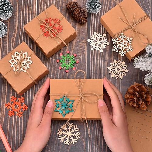Miniatura 5 de Ovootok 200 adornos de copo de nieve para decoración navideña, adornos de madera para colgar adornos y manualidades, decoración rústica de