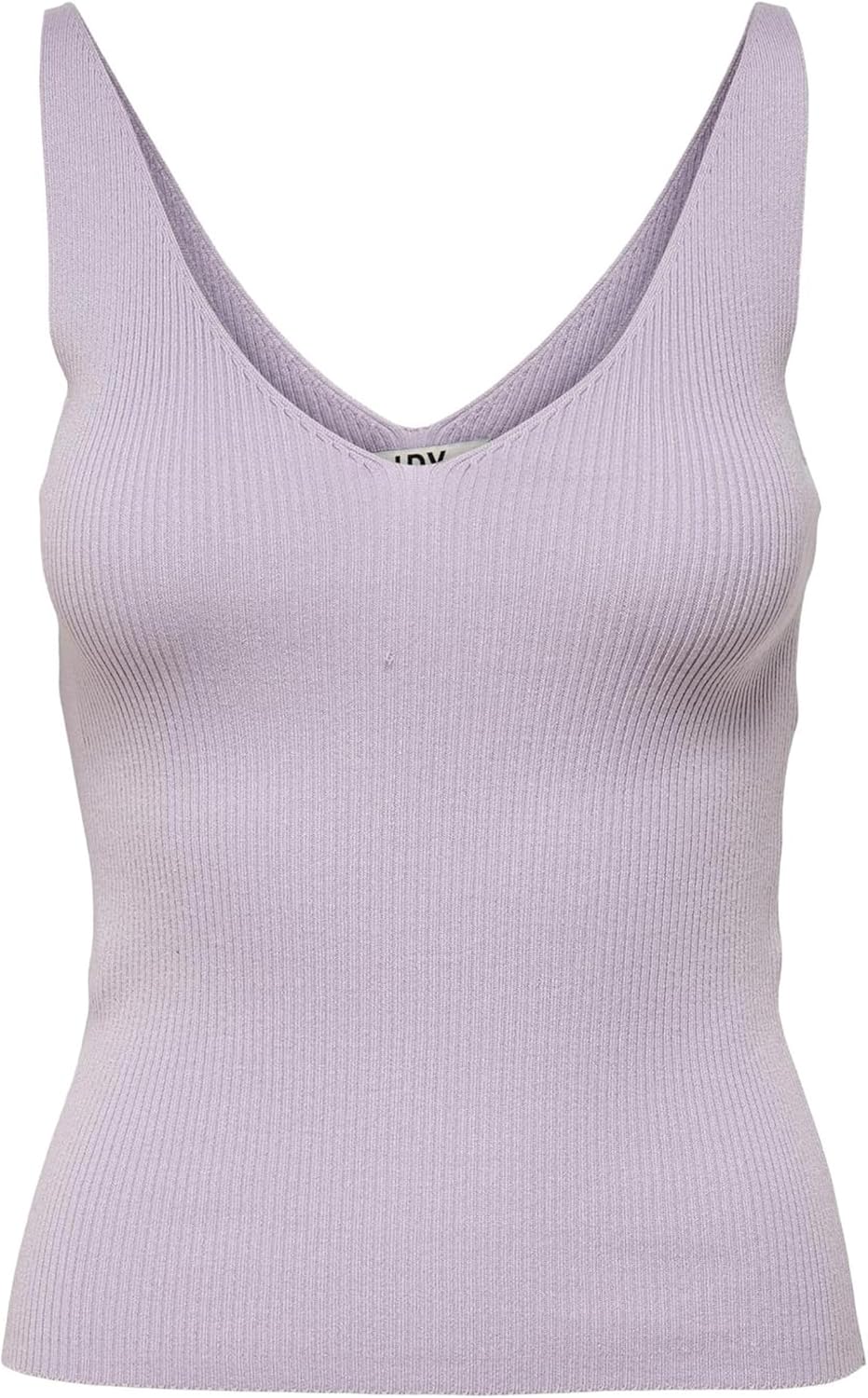 Front view of the JDY Women's Jumper in pastel lilac, showcasing its V-neck and ribbed knit texture.