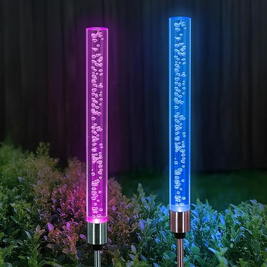 Exhart Garden Solar Lights, Set of 2 Decorative Bubble Garden Stakes, Color Changing LED, Outdoor Garden and Yard Decoration, 2.5 x 34 Inch, Cylinder