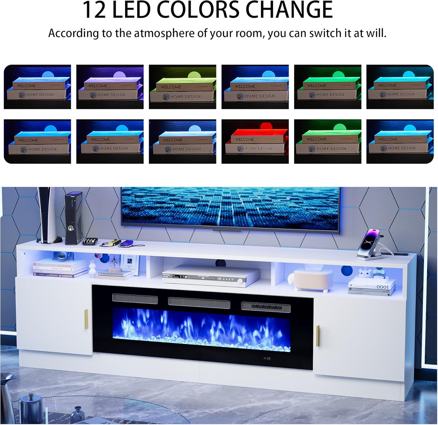 70" Fireplace TV Stand with Power Outlet for TVs UP to 80", Electric Fireplace Entertainment Center with LED Lights & Storage Cabinets, TV Console for Living Room, Office, White-Black