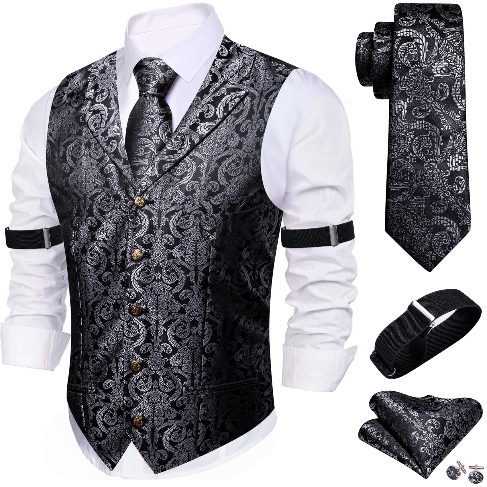 Barry.Wang Mens Silk Paisley/Floral Suit Vest Tie Sleeve Holder Set 5PCS