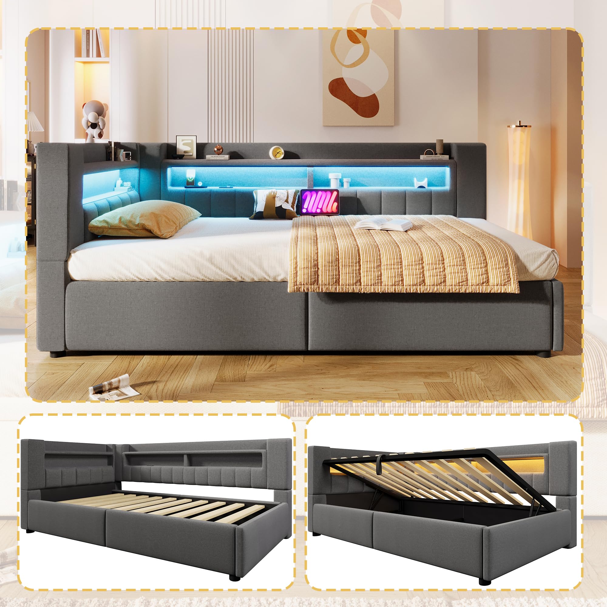 Daybett, 90 x 200 cm,Hydraulische Lagerungt, Mit USB Typ-C Ladefunktion, LED-Beleuchtung, Sofabett, Einzelbett, Ohne Matratze, Leinen, minimalistischer Stil,Grau