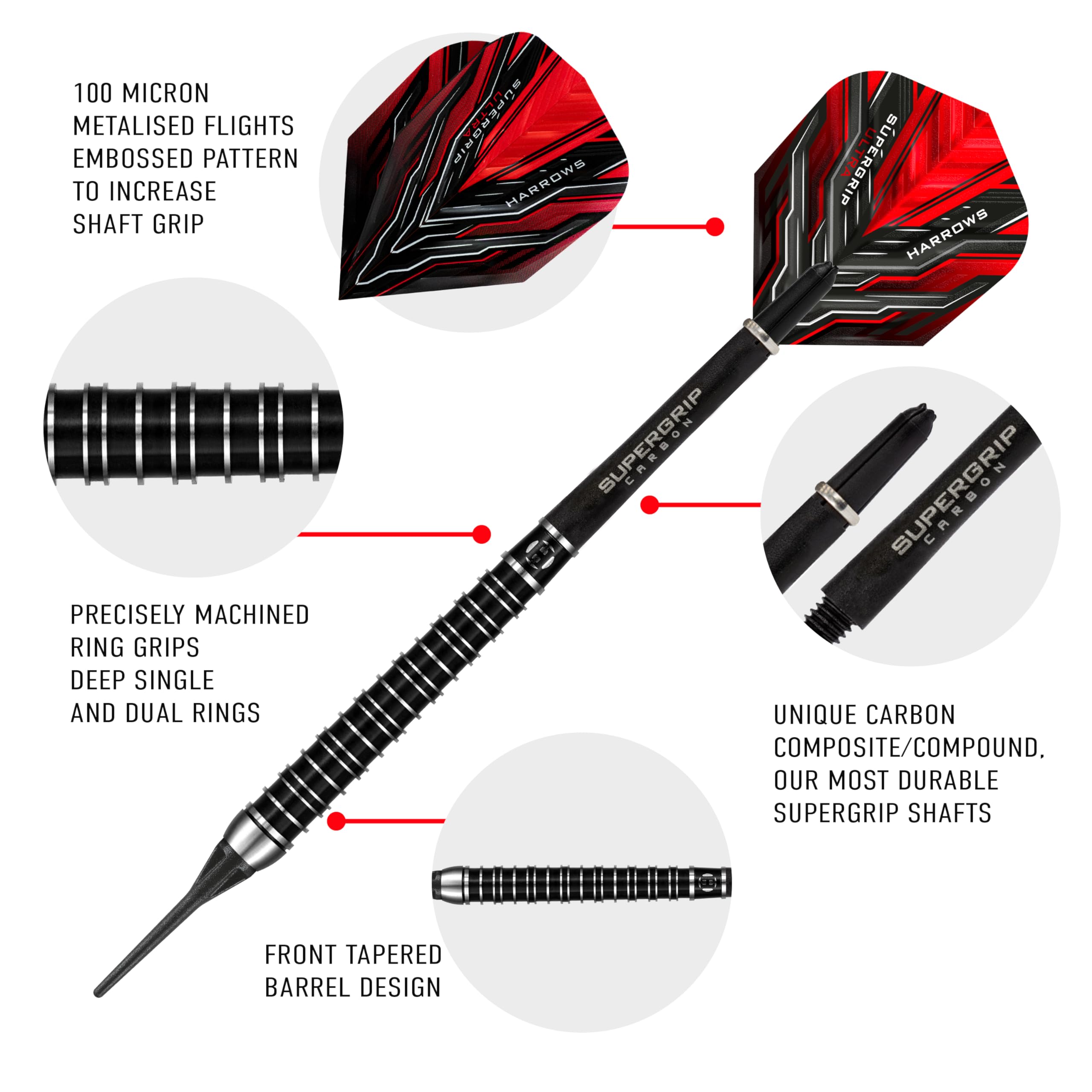 Harrows Set di Freccette SUPERGRIP Ultra 90% tungsteno con Punta Morbida. Disponibile in 18g, 21g, 22g - Include aste in Carbonio Supergrip, Alette Supergrip e Custodia da Viaggio