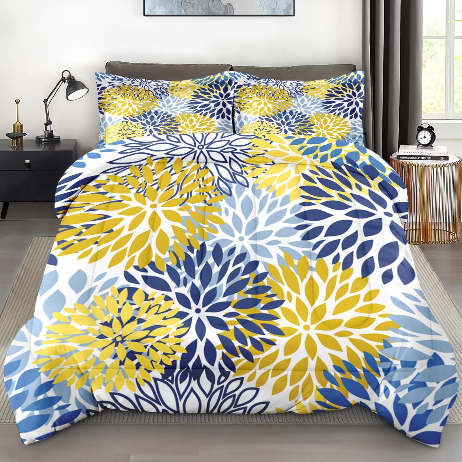 Comforter Set Full Size, Floral Navy Blue Summer Soft 3 Pcs Bedding for Kids and Adults, Yellow Flower Green Comforter Set with 2 Pillowcases, for Bedroom Bed Decor