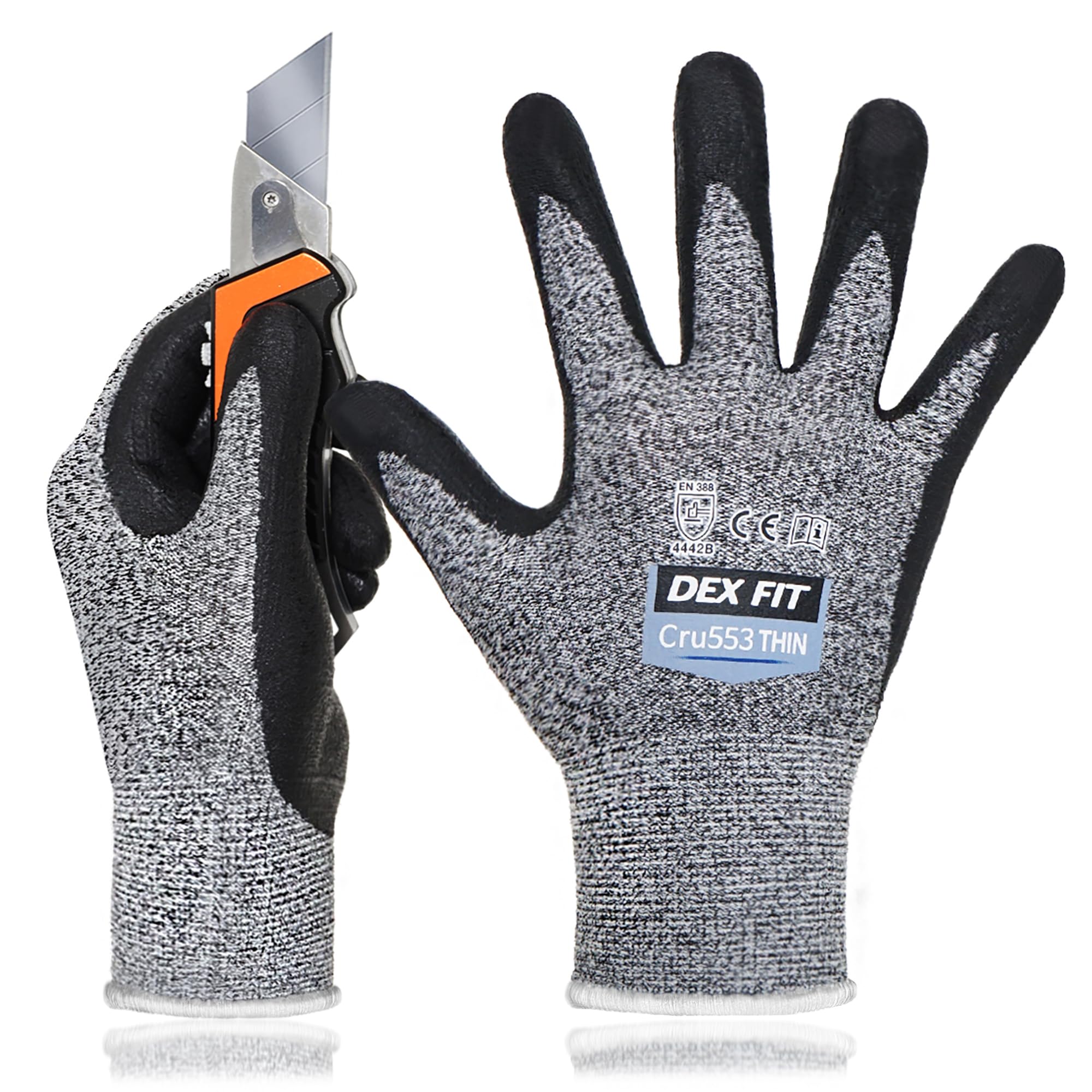 DEX FIT Level 5 Extreme Cut Resistant Gloves Cru553 Thin, Non-Slip Power Grip, Professional Grade 3D Comfort Fit, Thin & Lightweight, Breathable,