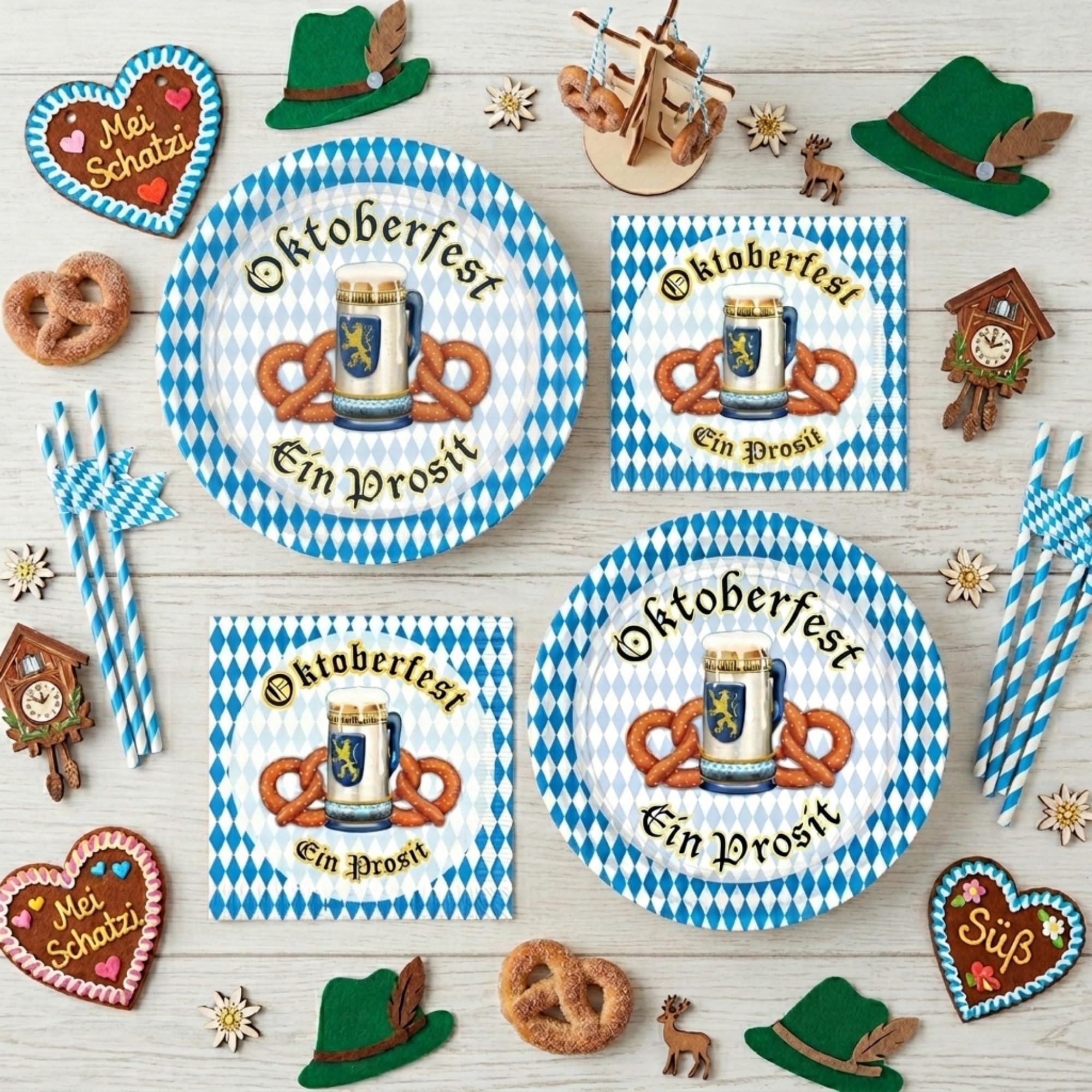 Oktoberfest artykuły imprezowe – papierowe talerze deserowe i serwetki do napojów w kolorze niebiesko-białej kratki (obsługa 16)