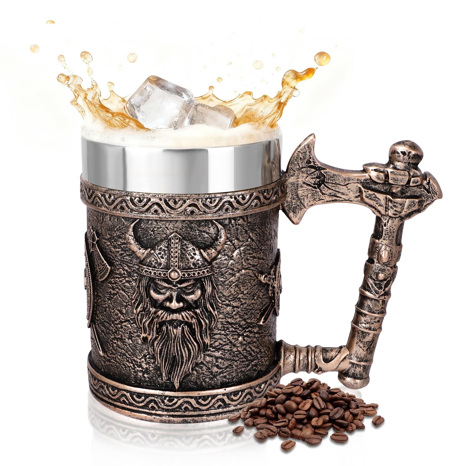 wikinger bierkrug für Männer, Nordischer Edelstahl Schädel Wikingerschiff Bierbecher Bierkrug, Wikinger Trinkbecher Kaffeetasse Stein für Sammlergeschenk, Vatertagsgeschenk