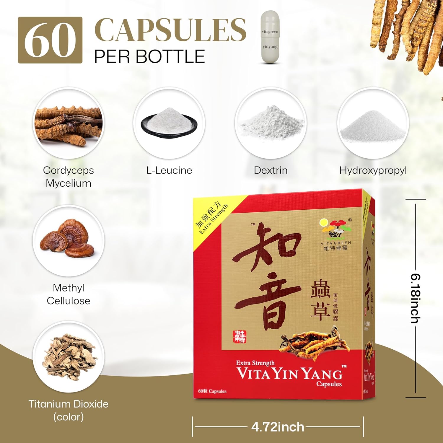 Vita Green Yin Yang Cordyceps Mycelium Herbal Supplement (知音蟲草) - Supports Respiratory Wellness, Energy, and Liver & Kidney Health - 60 Capsules - Image 5