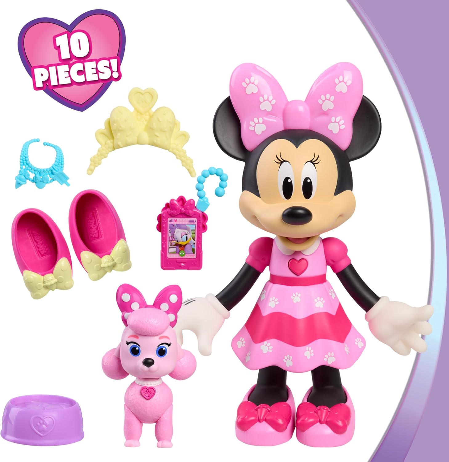 Disney Jr. Minnie Mouse Pet Fun Doll – 10-Inch Poseable Minnie Doll with Lights & Sounds, Accessories, Pink Poodle Toy, Kids Gift for Ages 3 and Up by Just Play, Kids Toys for Ages 3 Up by Just Play