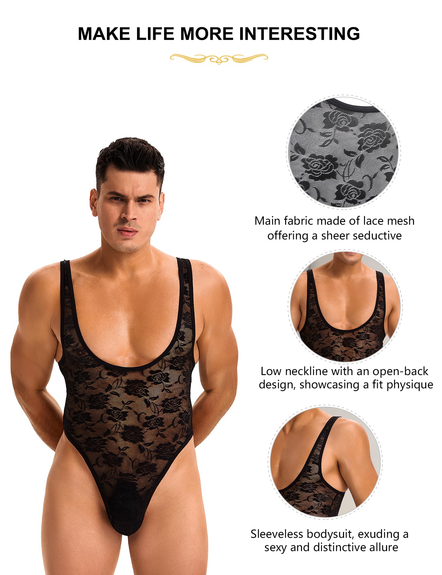 Body de encaje para hombre, body sexy, sin mangas, ropa interior transparente, tallas grandes, body de encaje, negro, verano, una pieza, lencería para hombres, fiestas, clubwear para