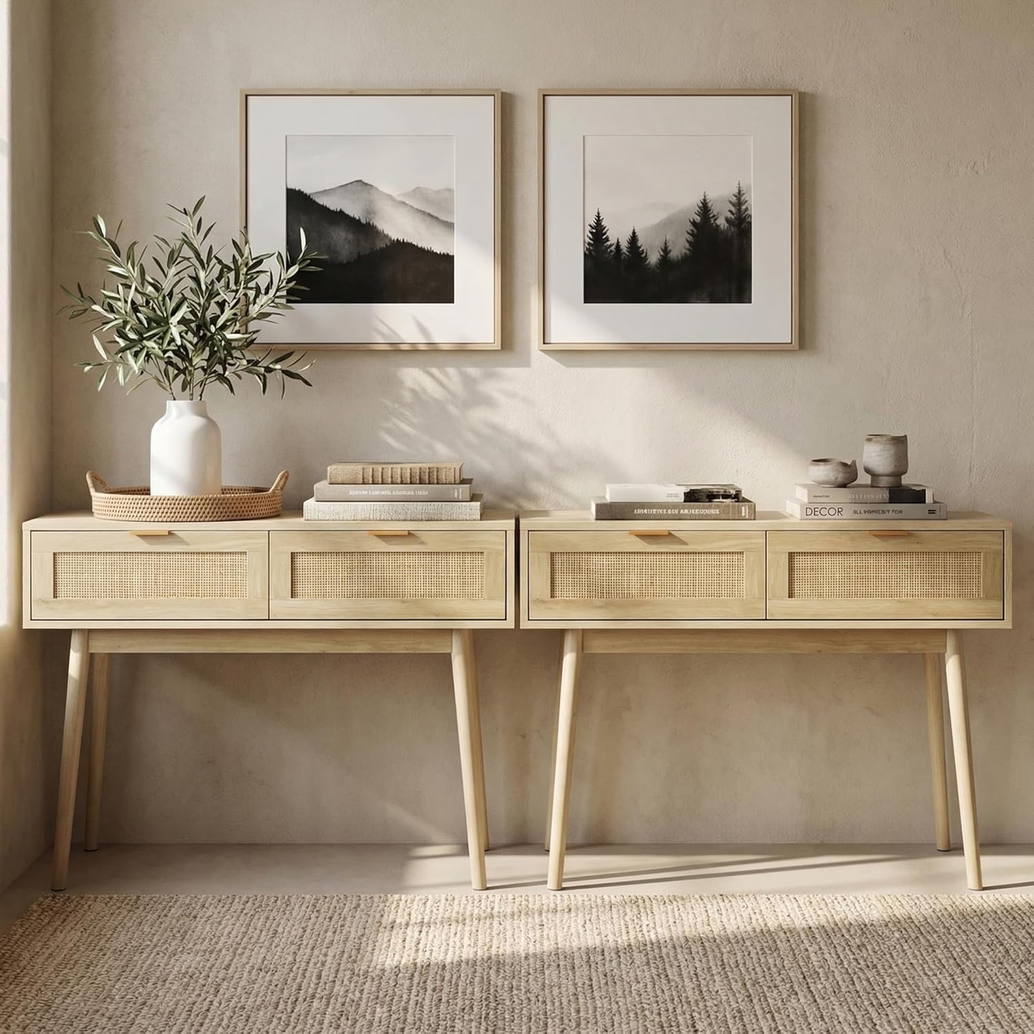 HOPUBUY Console Table Rattan Desk with Drawers, Narrow Sofa Table with Pine Leg, Modern Small Entryway Table for Hallway and Living Room, 39" Rustic Natural