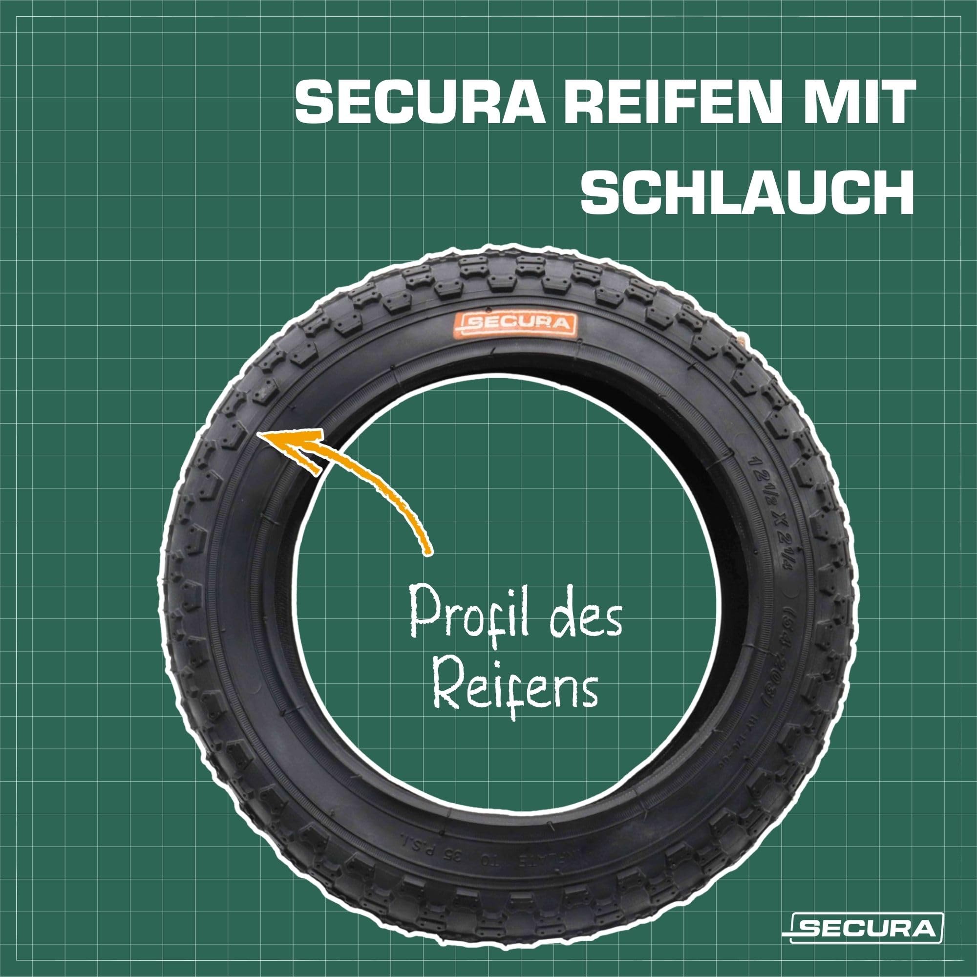SECURA 4x Reifen 12.5x2.25 12 1/2 x 2 1/4 inkl Schläuche Winkelventil kompatibel mit Kinderfahrrad Kinderwagen Buggy Laufrad Dreirad Roller Fahrradanhänger 47-203