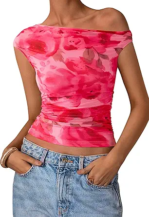 PRETTYGARDEN Women's Off Shoulder Tops 2025 Summer Floral Mesh Going Out Crop Tank Tops Asymmetrical Tight Y2K Shirts Clothes