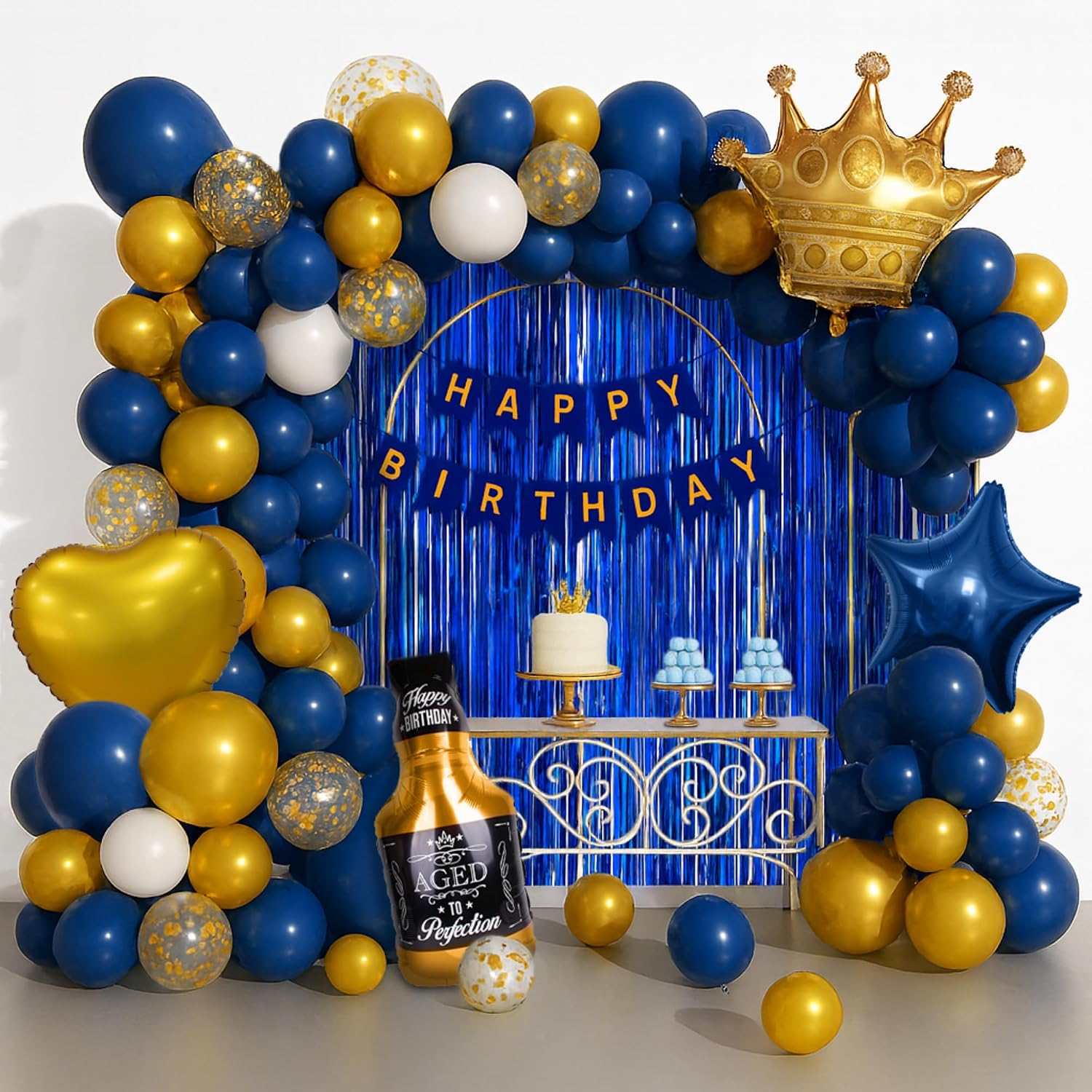 Navy Blue Birthday Decorations, White Silver Gold Balloon Garland Kit with Happy Birthday Banner, Crown, Champagne Bottle and Metallic Fringe Curtain