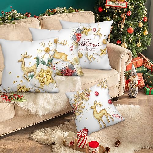 Miniatura 6 de WSZBDY Juego de 4 fundas de almohada de Navidad, copos de nieve de oro blanco, decoración de Navidad, renos, 18 x 18 pulgadas, juego de 4 adornos de