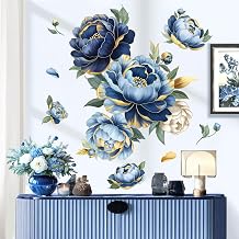 decalmile Large Blue Flower Wall Stickers Gold Leaves Penoy Floral Wall Decals Bedroom Living Room Sofa TV Background Home Decor