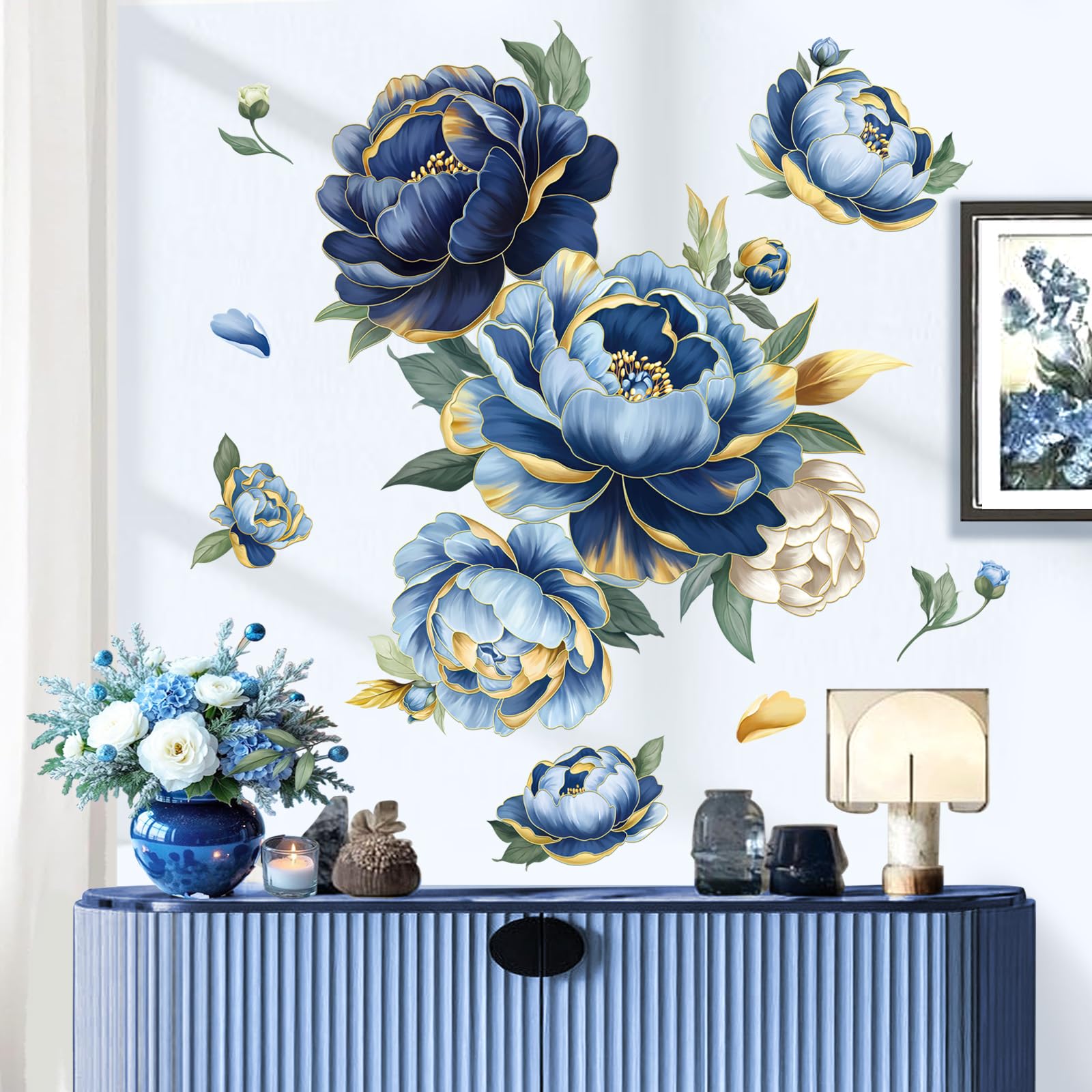 decalmile Large Blue Flower Wall Stickers Gold Leaves Penoy Floral Wall Decals Bedroom Living Room Sofa TV Background Home Decor