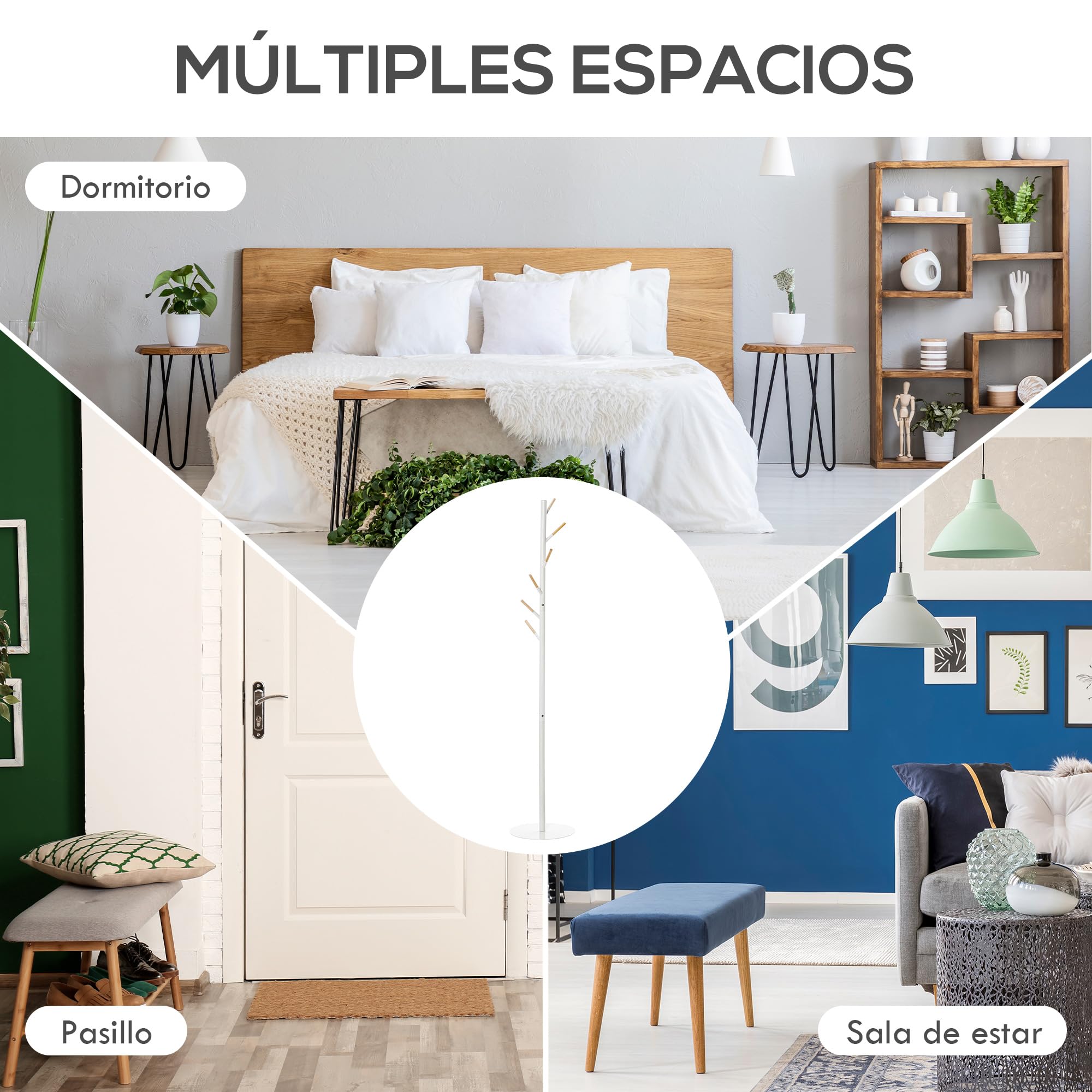 HOMCOM Perchero de Pie con 6 Ganchos de Madera Perchero de Árbol para Ropas, Bolsas y Bufandas, Marco Metálico para Dormitorio, Salón o Entrada 35x35x174 cm Blanco