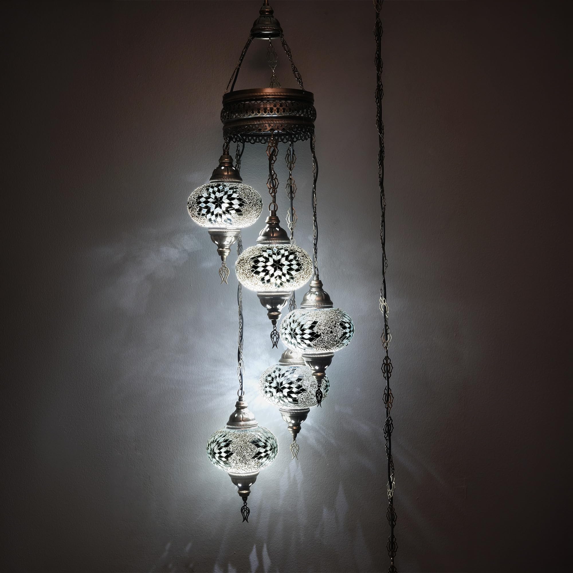 Asylove Turkish Pendant Lamp, Chandelier Moroccan Hanging, Mosaic Ceiling Lighting, 50 inch Height, Docorative Authentic Lamp (White)