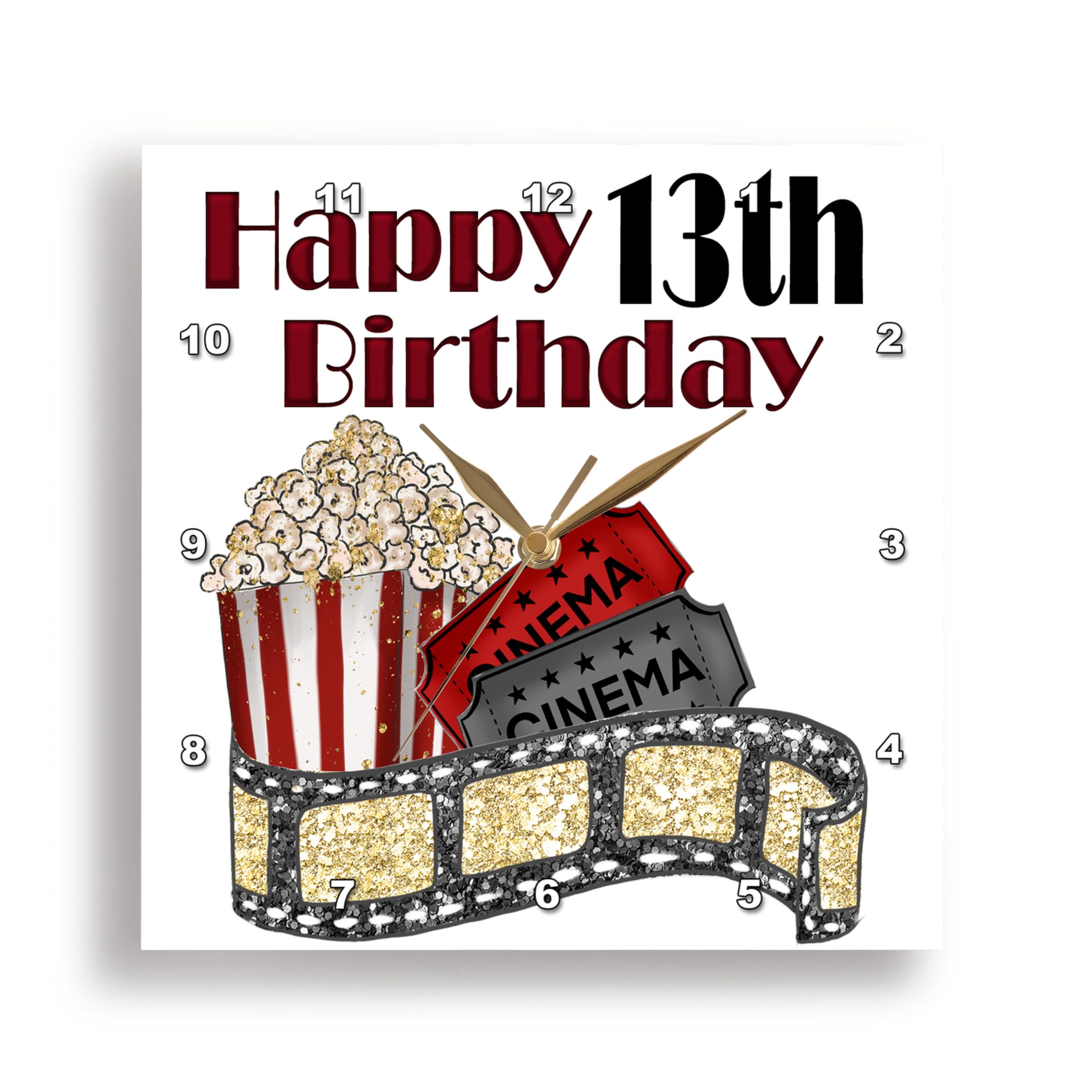 3dRose Wall Clock Silent - 15 inch - Cute Movie Cinema Themed Happy 13th Birthday - Happy Birthday