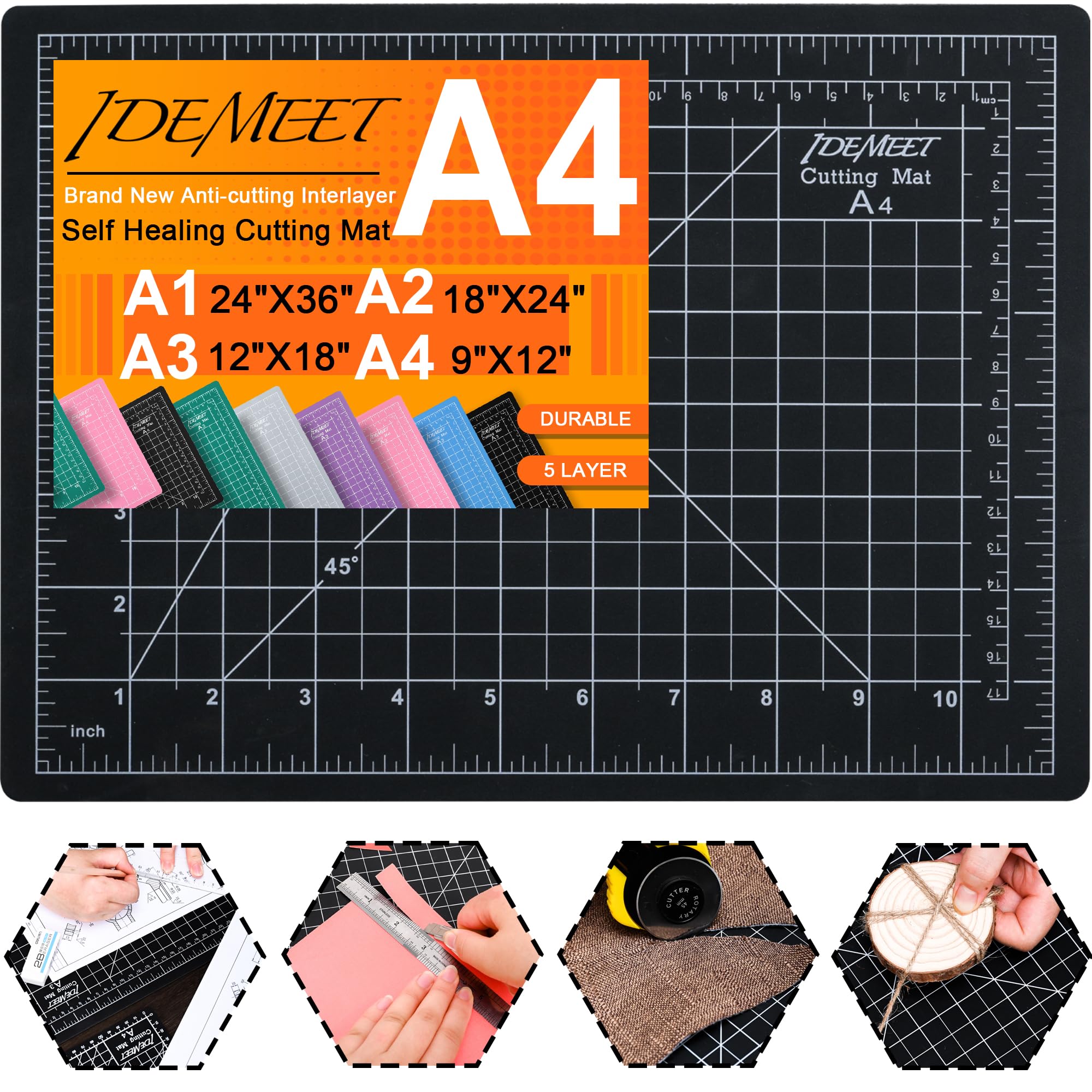 Density-upgraded 9"x12" Self Healing Cutting Mat, Idemeet Rotary Sewing Mat for Crafts, 5-Ply Blade Table Protector Cut Board for Fabric Leather Cutting Quilting Modeling Hobby Project, A4, Black
