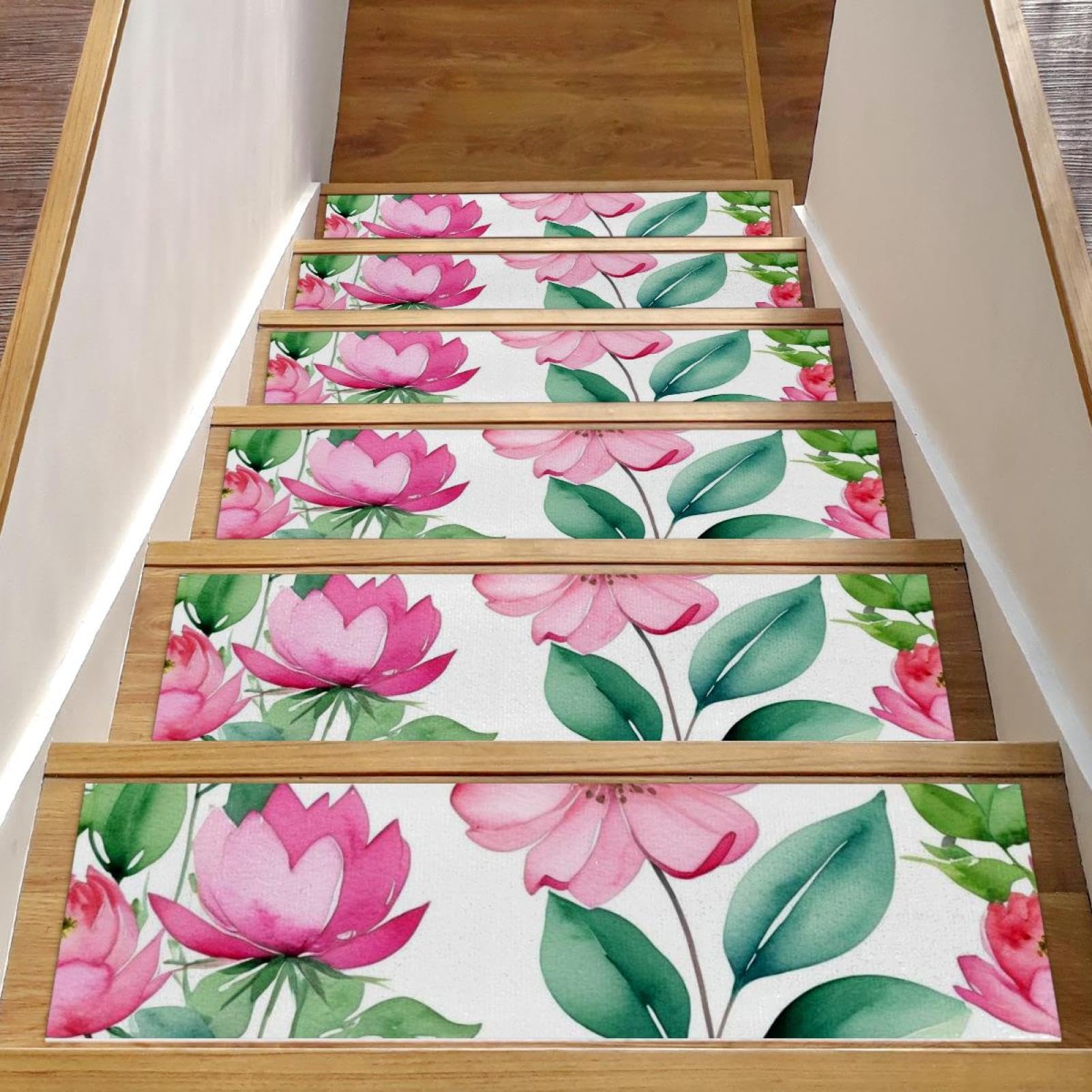 Alfombra para escaleras de interior con diseño botánico para escaleras de madera