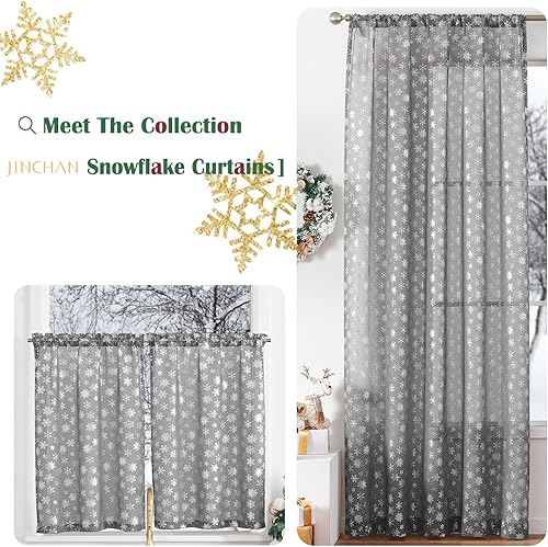 Miniatura 6 de jinchan Cortinas de Navidad transparentes de copo de nieve plateadas de 84 pulgadas de largo para dormitorio, cortinas de nieve con bolsillo para