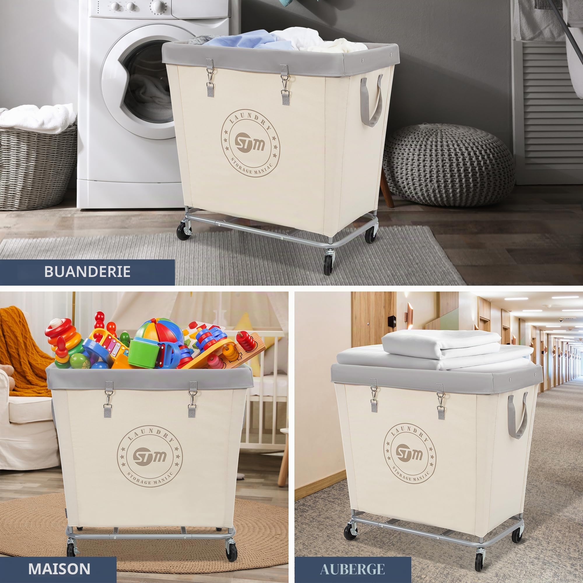 STORAGE MANIAC Panier à linge commercial avec cadre en acier robuste, 320 L, panier à linge industriel avec roues pour hôtel, maison, buanderie, 80 x 49 x 78 cm (L x l x H), grand beige