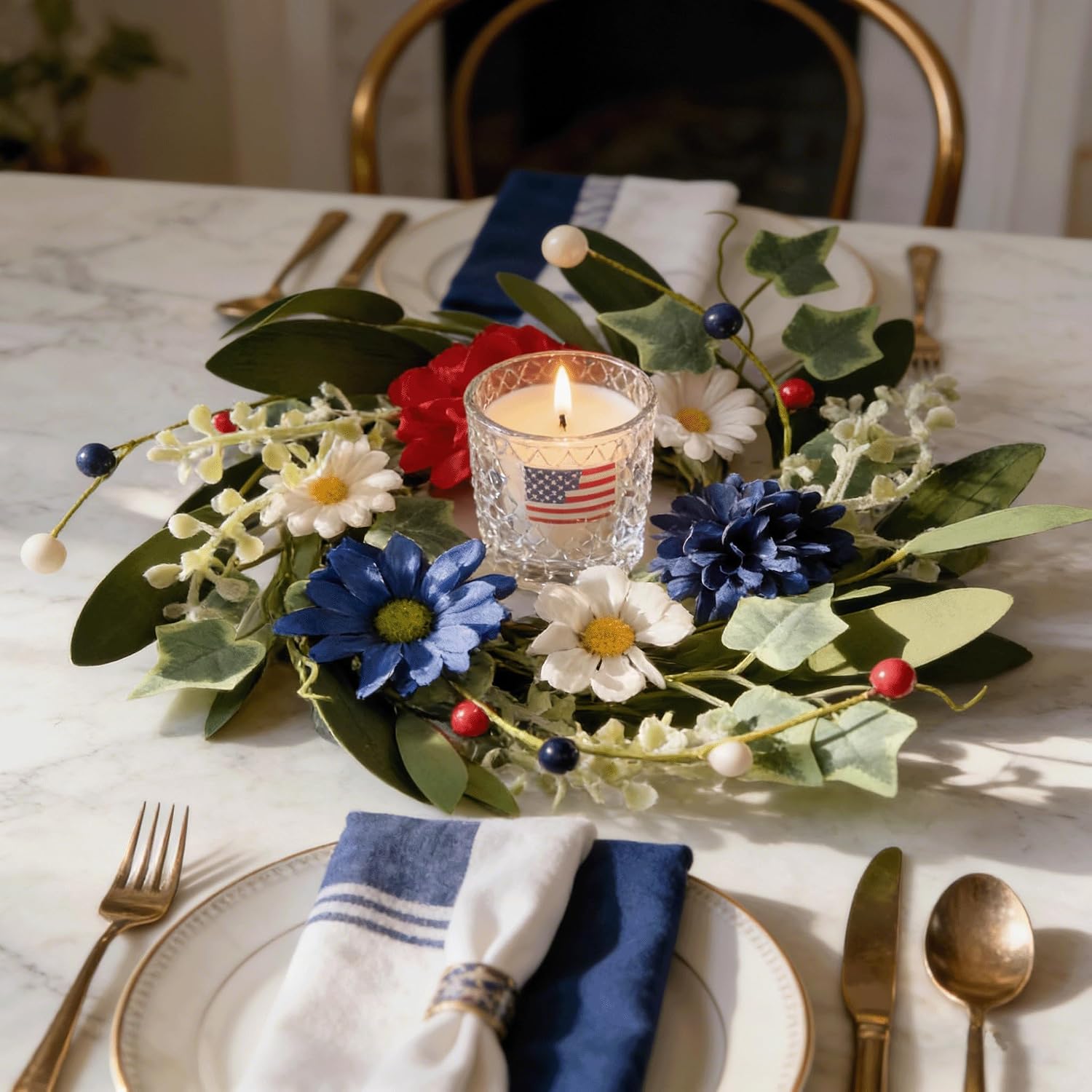 4 Pcs Patriotic Candle Rings Wreaths Red White Blue Flower Wreath Center Decor for Front Door Porch Indoor Outdoor Mini Eucalyptus Kitchen Cabinet Wreaths with Ribbon for 4th of July Veterans Day