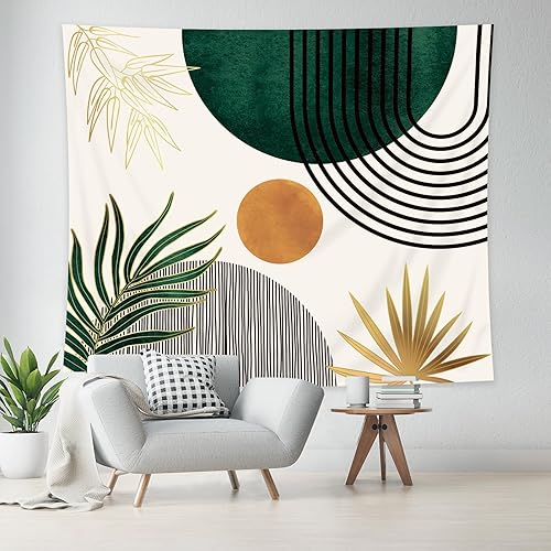 Miniatura 2 de KOMLLEX Tapiz abstracto verde chic de 59 pulgadas de ancho x 51 pulgadas de alto, diseño bohemio de hojas de mediados de siglo, arco de sol,
