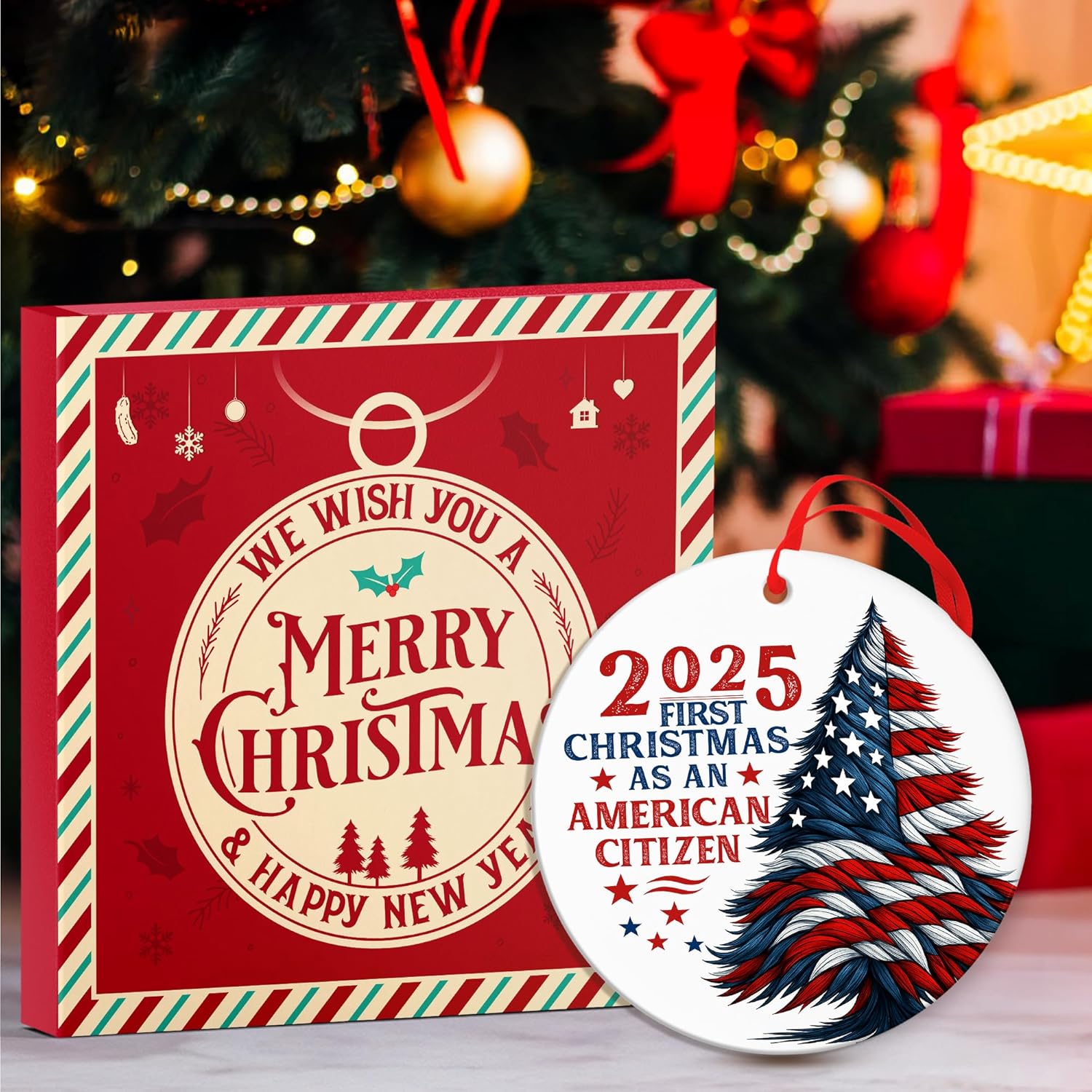 American Flag Gifts - Striking USA Christmas Ornament for Patriotic Celebrations, Memorable US Citizenship Gifts, Ideal Gift for Dedicated Patriots, American Flag Themed Christmas Tree Ornaments. American Citizen