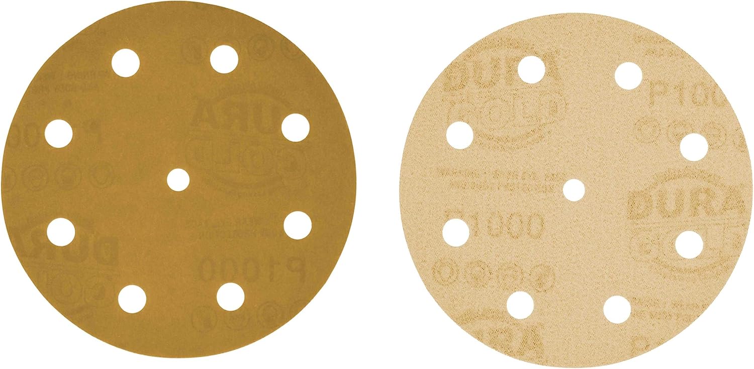 Dura-Gold Premium 5" Gold Sanding Discs - 1000 Grit (Box of 50) - 9 Hole Pattern Dustless Hook & Loop Backing Sandpaper for DA Sanders, Aluminum Oxide Abrasive - Sand Automotive Paint Woodworking Wood - - 