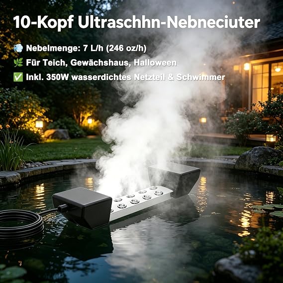 Professional 10-Head Ultrasonic Mist Device 350 W Industrial-Grade Mist Generator with Water Protection 7 L/h Mist Volume for Gardens Ponds Events Hotels and Greenhouses (Style 1)