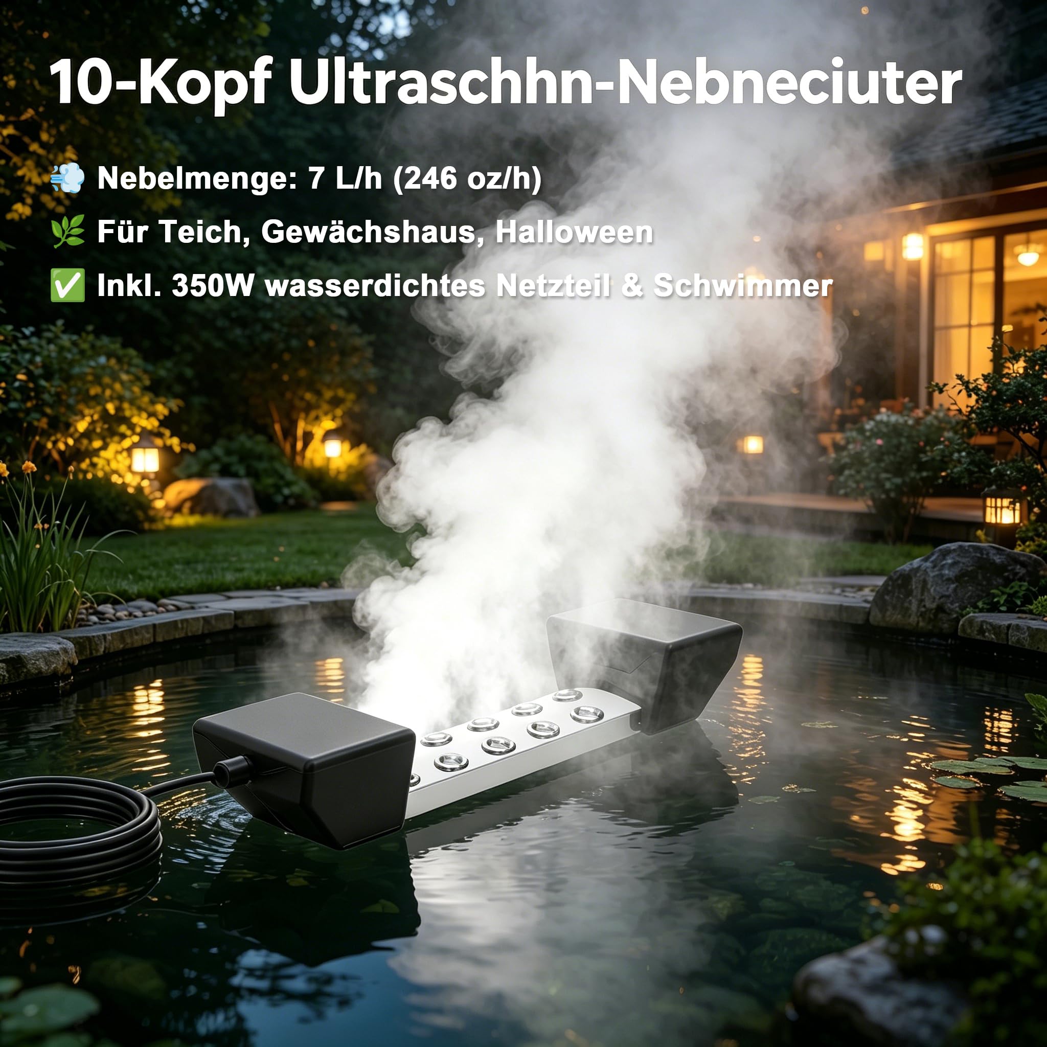 Profi 10-Kopf Ultraschall Nebelgerät 350W Industrietauglicher Nebelgenerator mit Wasserschutz, 7L/h Nebelvolumen für Gärten/Teiche/Events, Hotels und Gewächshäuser (Stil 1)