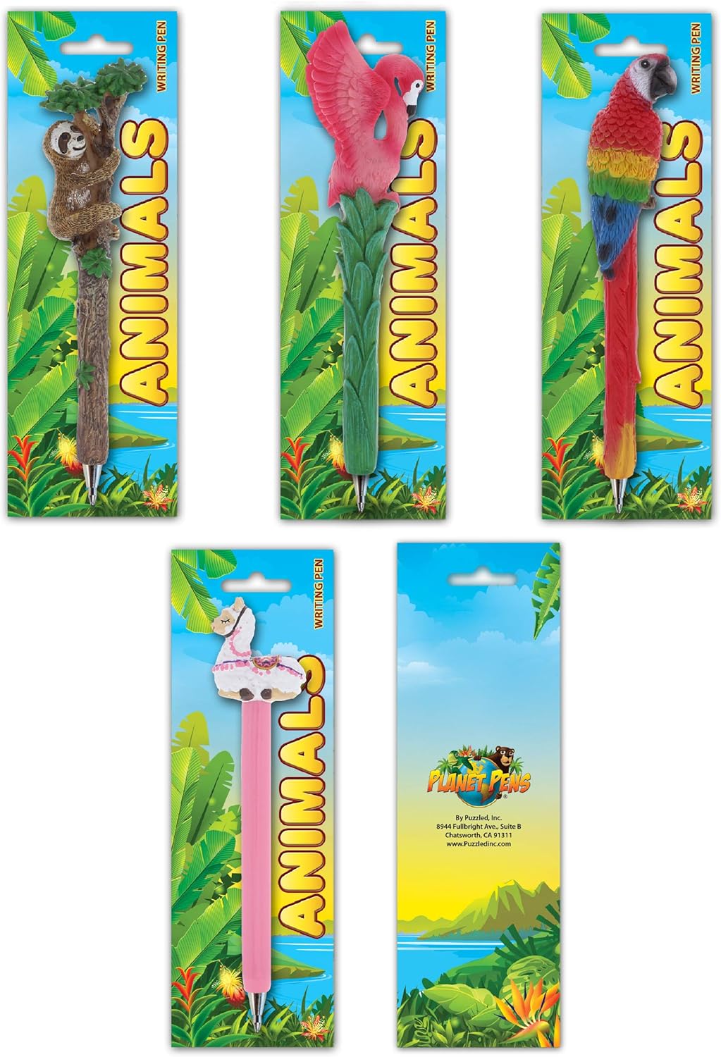 Bundle of Sloth, Llama, Tropical Flamingo, & Red Parrot Novelty Pens - Unique Ballpoint Pens Colorful Tropical Animals Writing Pens For School & Office Decor - 4 Pack