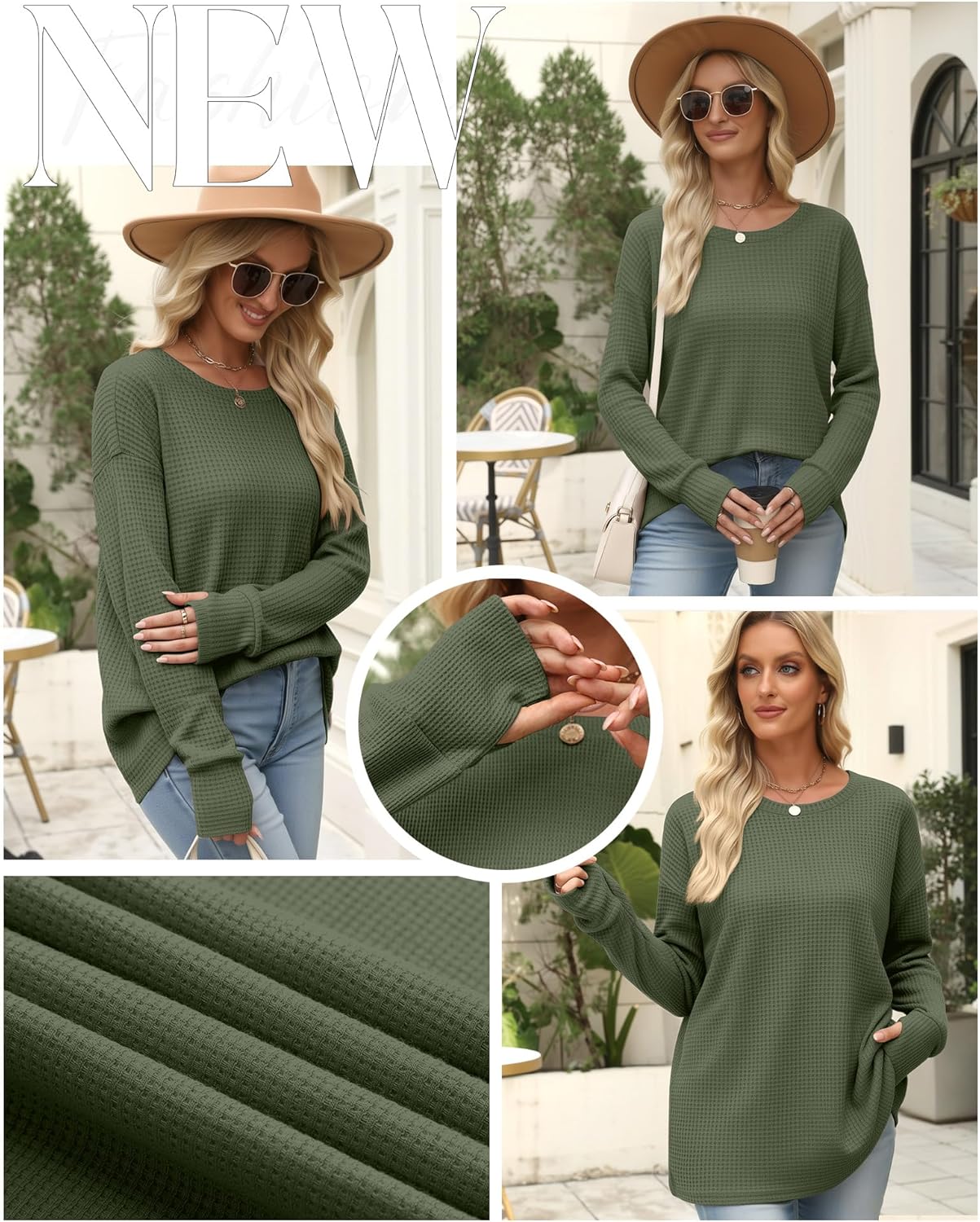 Women's Oversized Waffle Knit Tunic Tops, Long Sleeve Crew Neck Drop Shoulders Shirts with Thumb Hole Loose Blouse - Image 4
