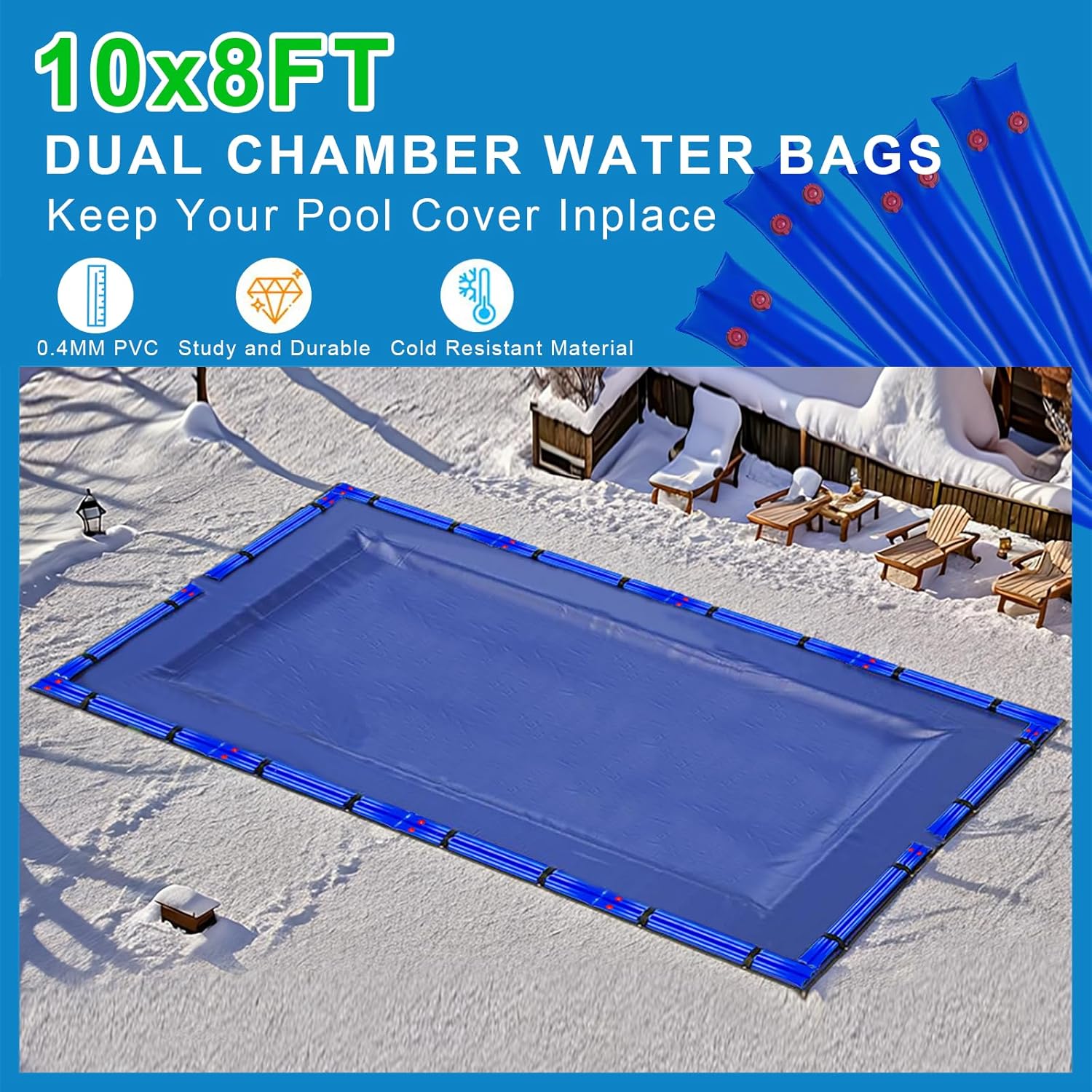 8Ft Pool Water Bags,0.4mm Double Chamber Water Tubes for Inground Pool Cover 27Gauge Extra Durable Pool Cover Weights for Winter Pool Cover Closing (Blue, 10Packs-8Ft)
