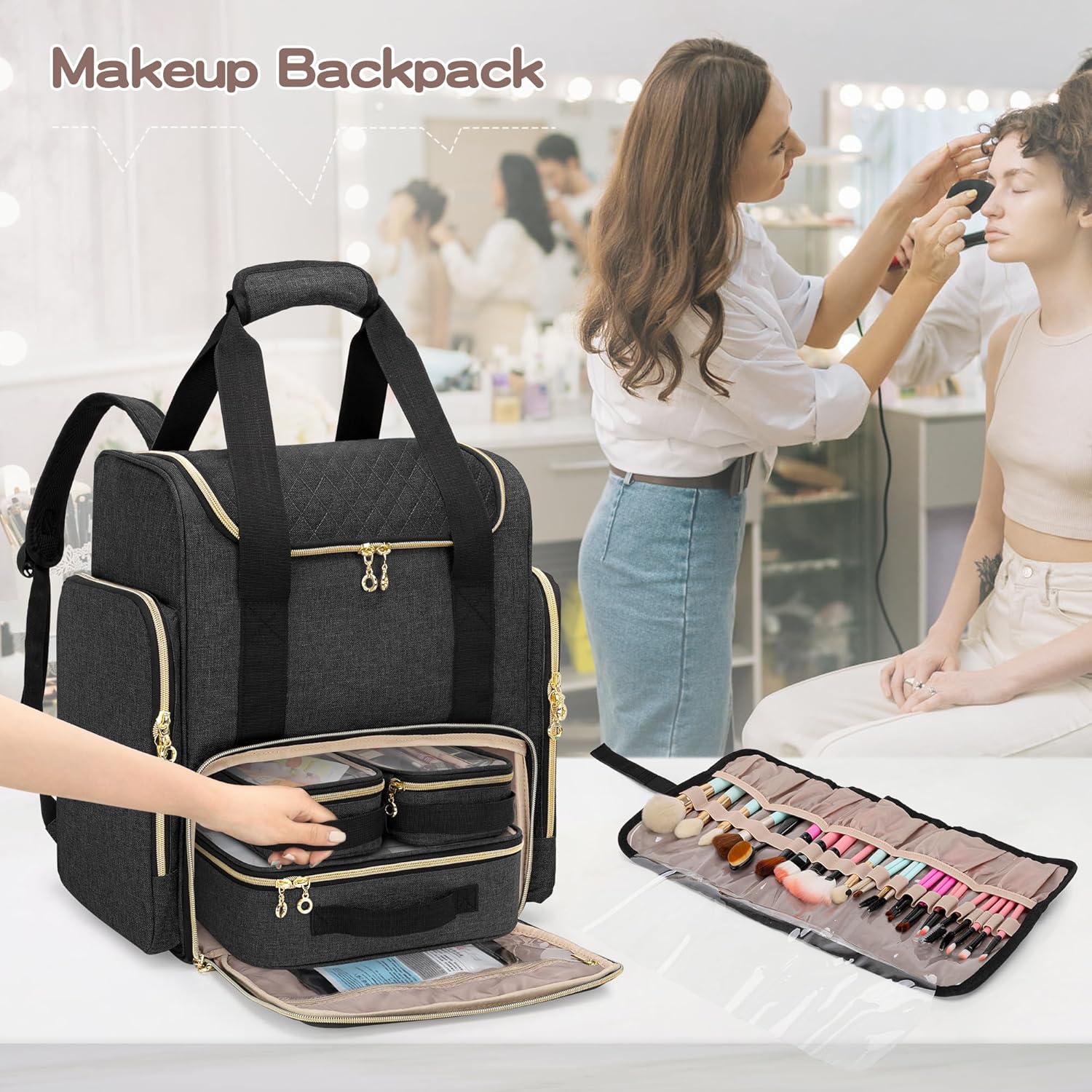 LUXJA Makeup Backpack with 3 Removable Cases and 1 Makeup Brush Bag, Large Makeup Bag Cosmetic Bag with Multiple Storage Sections (Patented), Black