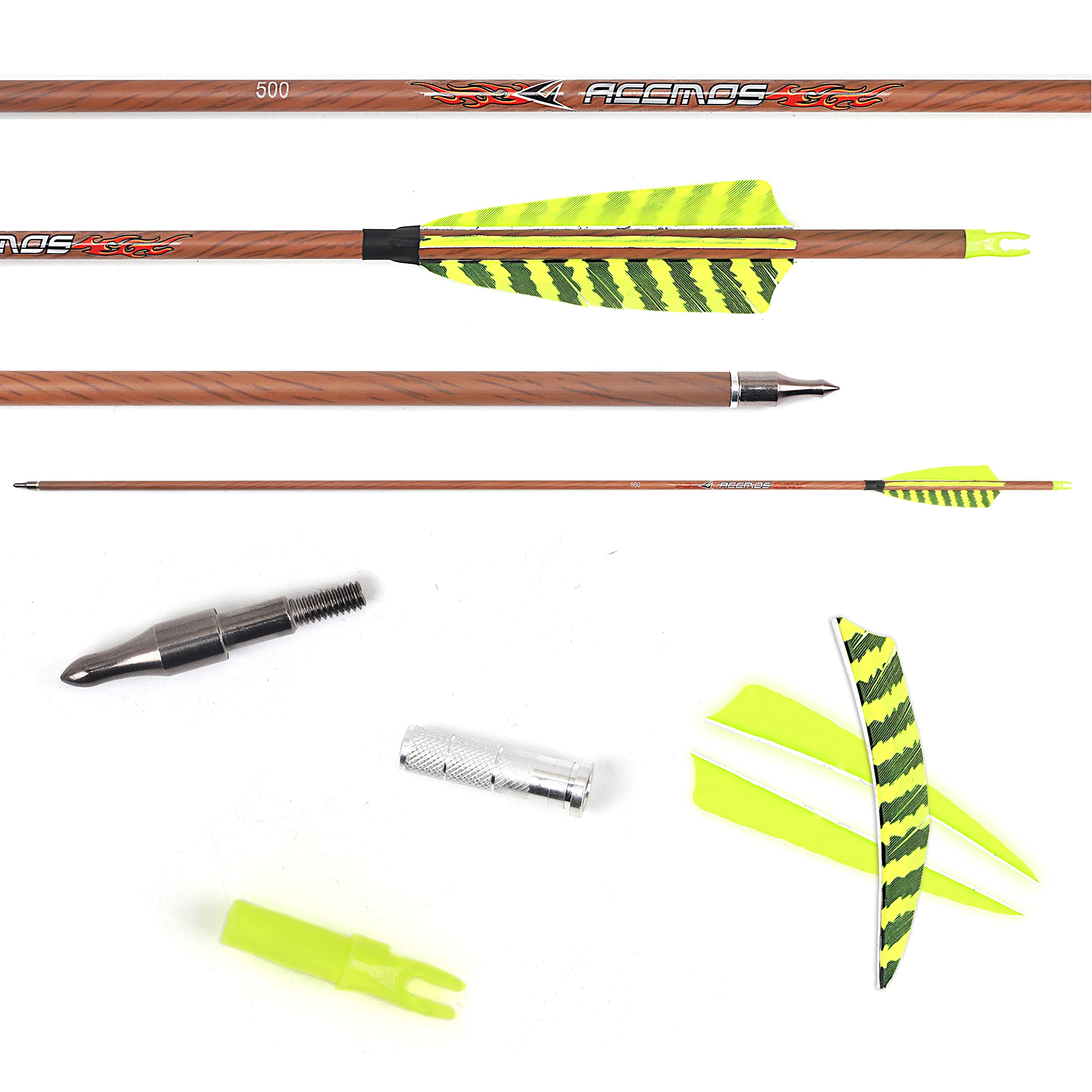 ACCMOS ID 6,2 mm Grana del Legno Frecce in Carbonio 4" Strisce Gialle Piuma Spine 350 400 500 600 700 Frecce da Caccia per Tiro con L'Arco 6 Pezzi (31inch, Spine 600)