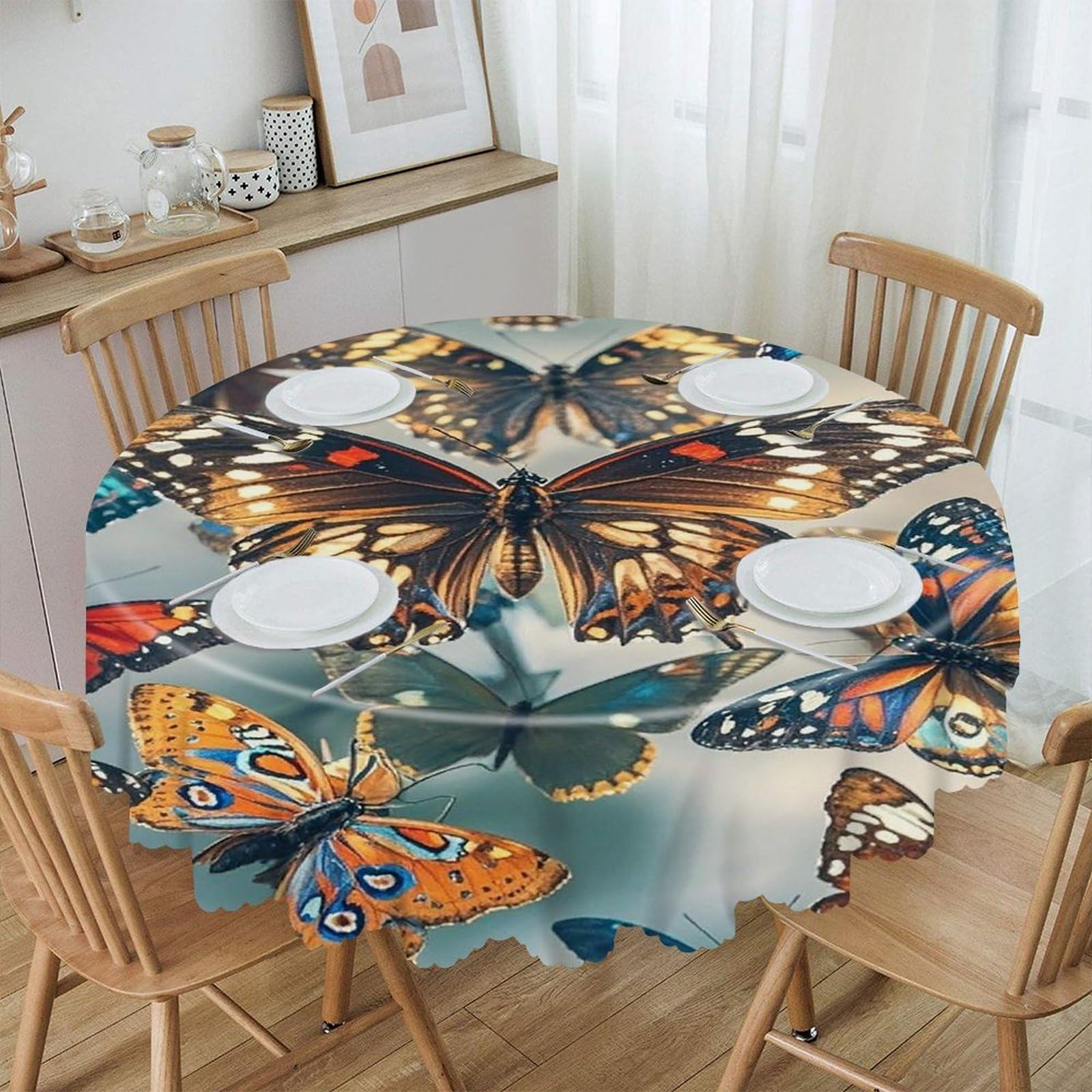 FekiLoot 60 Inch Round Butterflies Tablecloth Waterproof Heavy Duty Polyester Table Cloth Spill-Proof Wipeable Table Cover Decorative Circle Dining Tablecover for Party Outdoor