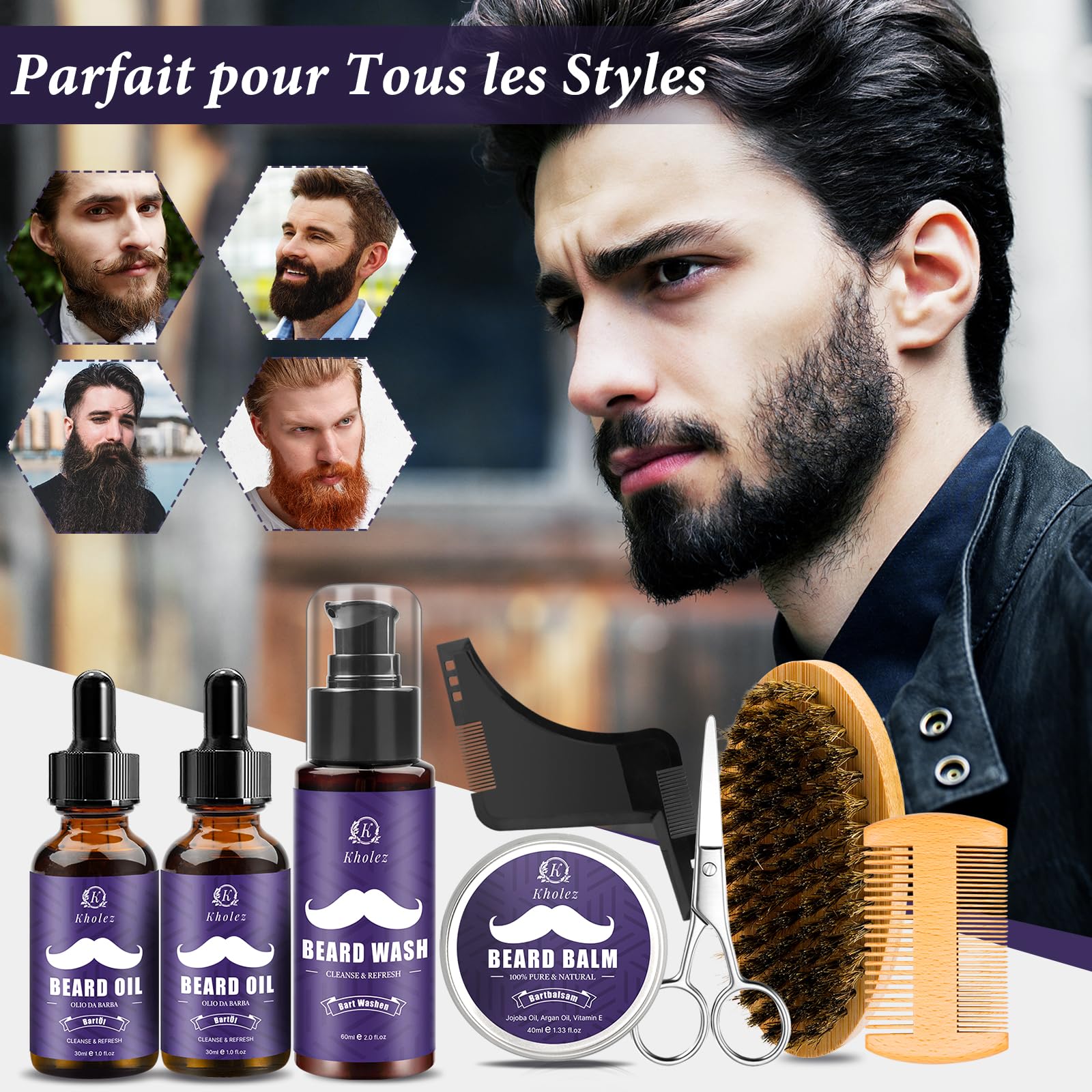 KHOLEZ Coffret Barbe Homme 10 en 1 Complet Professionnel, Kit Soins Barbe Homme avec Huile, Shampoing, Crème Barbe, Cadeau Fête des Pères, Idee Cadeau Homme pour Papa, Papi, Mari, Frère, Ami