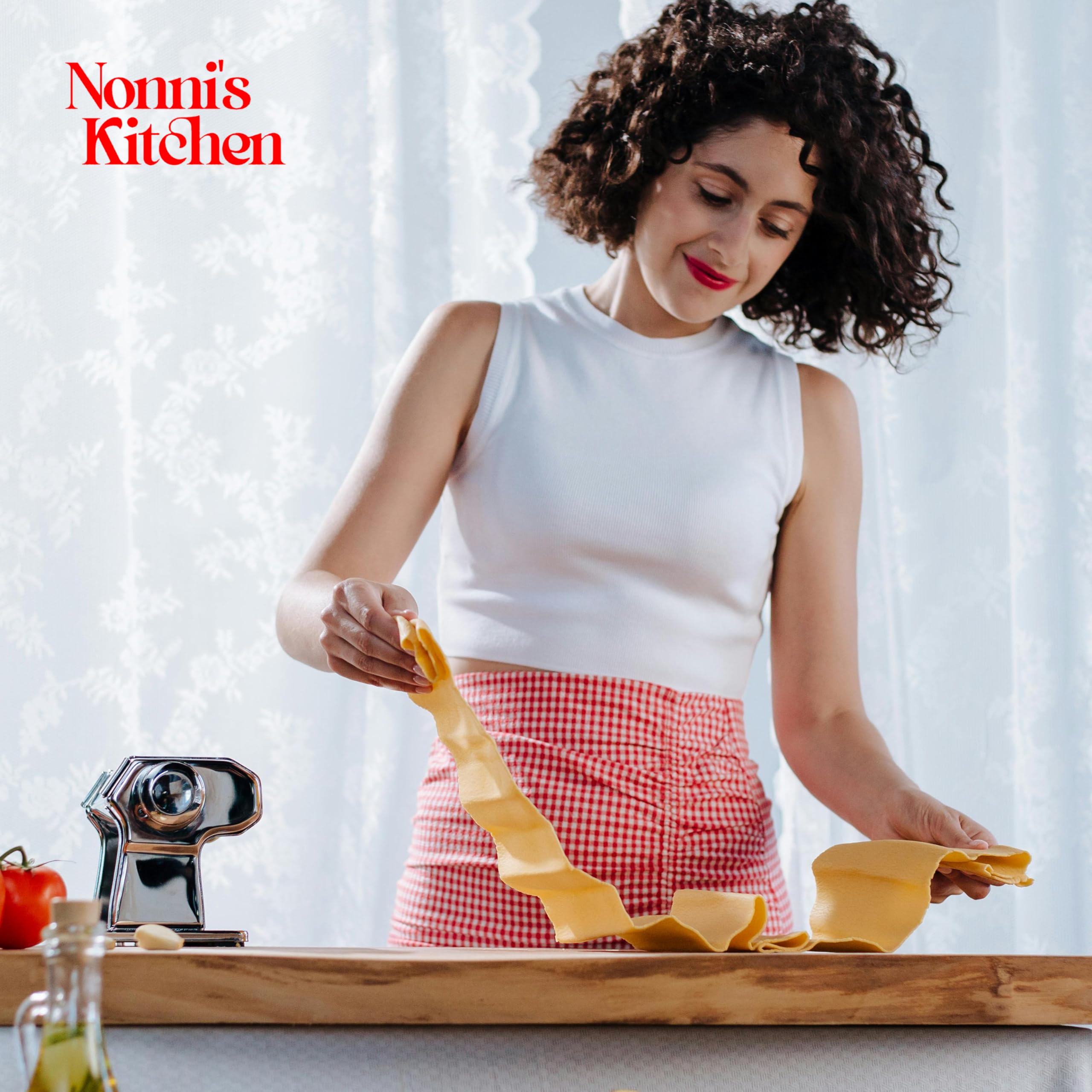 Nonni's Kitchen Máquina manual para hacer pasta, rodillo de pasta de acero de 150 mm con 3 sellos de pasta, 9 ajustes de grosor ajustables, estante de secado de pasta, cortador para lasaña, fettuccine