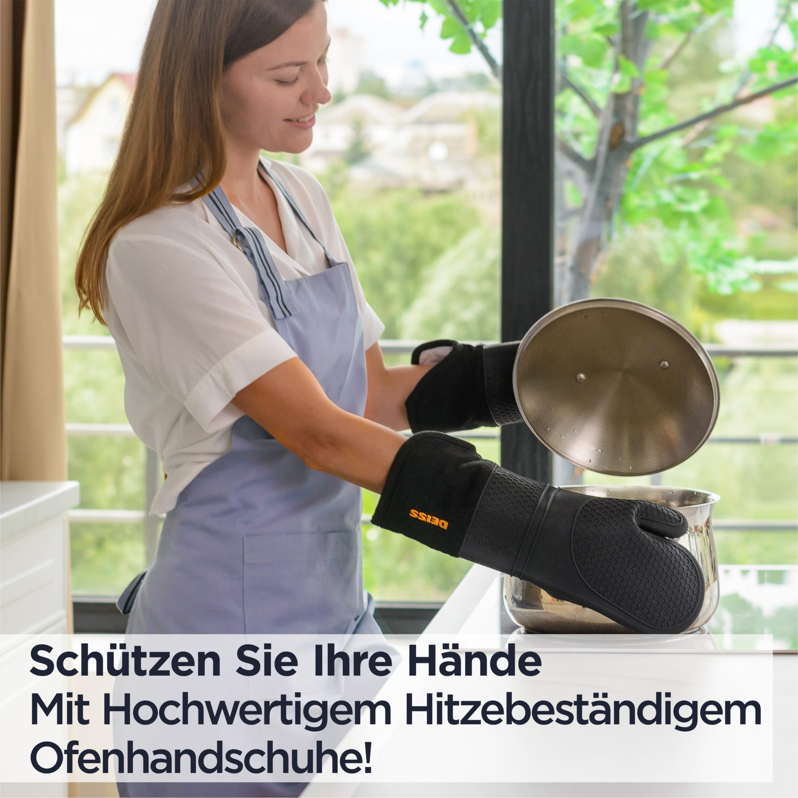 Deiss PRO Hitze- und schmutzabweisendes Silikon-Ofenhandschuh-Set, weiche, baumwollgefütterte Grillhandschuhe, wasserdicht, extra Lange, Flexible, Dicke Küchenhandschuhe zum Kochen