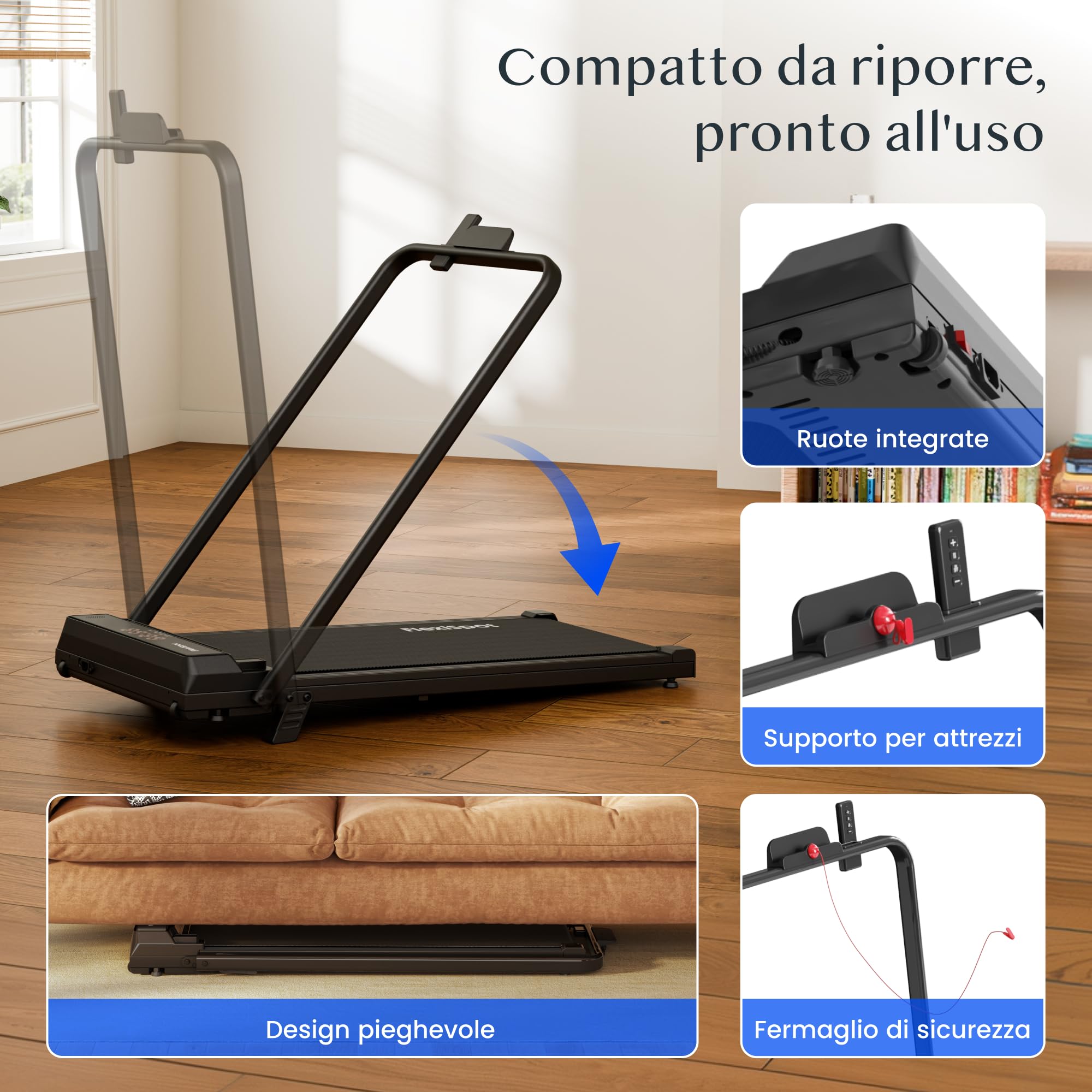 FLEXISPOT DynamicX Tapis Roulant Elettrico 2 in 1 Pieghevole con Corrimano, Walking Pad Inclinazione 7%, Velocità 1-12 km/h, Portata 140 kg, Display LED e Telecomando, per Casa e Ufficio