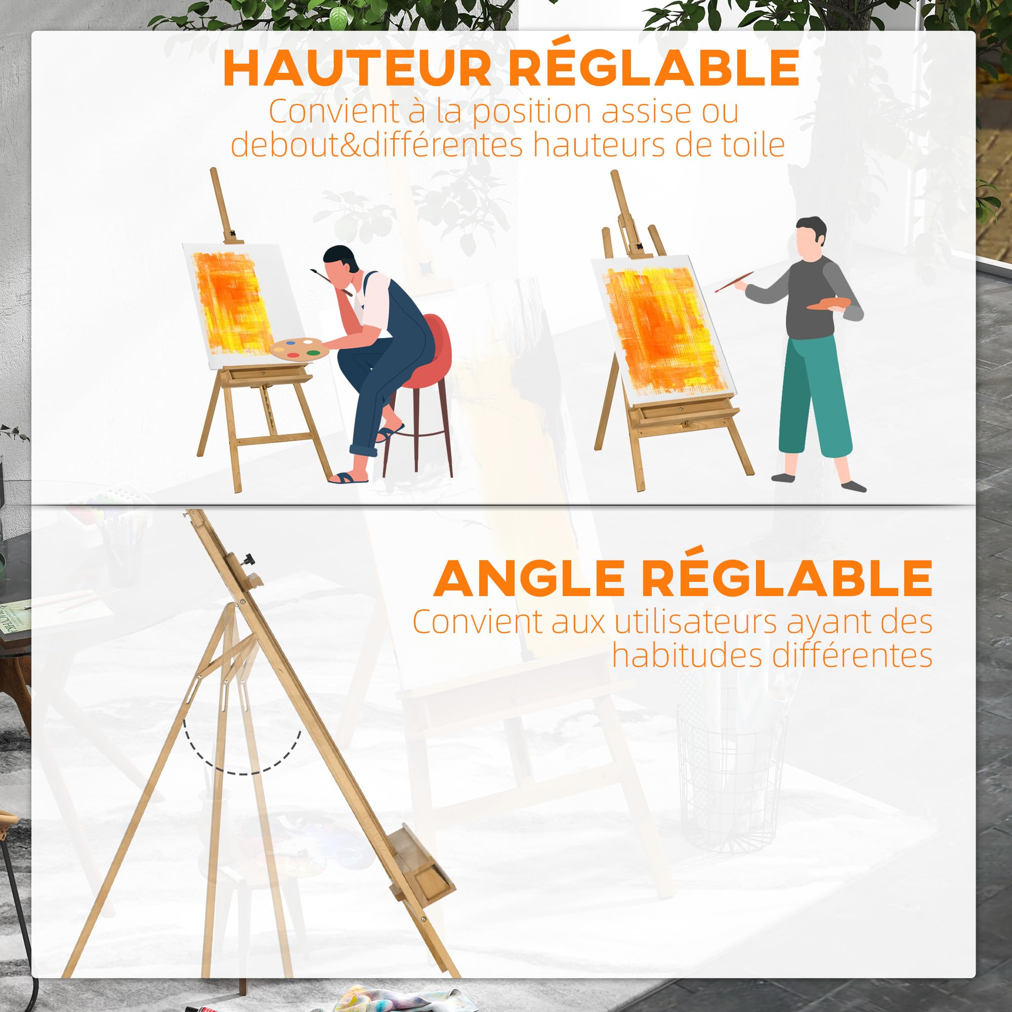 Vinsetto Chevalet de peinture, chevalet d'artiste pliant en bois de hêtre, avec angle et hauteur réglables, 65 x 110 x 180-235 cm, bois naturel