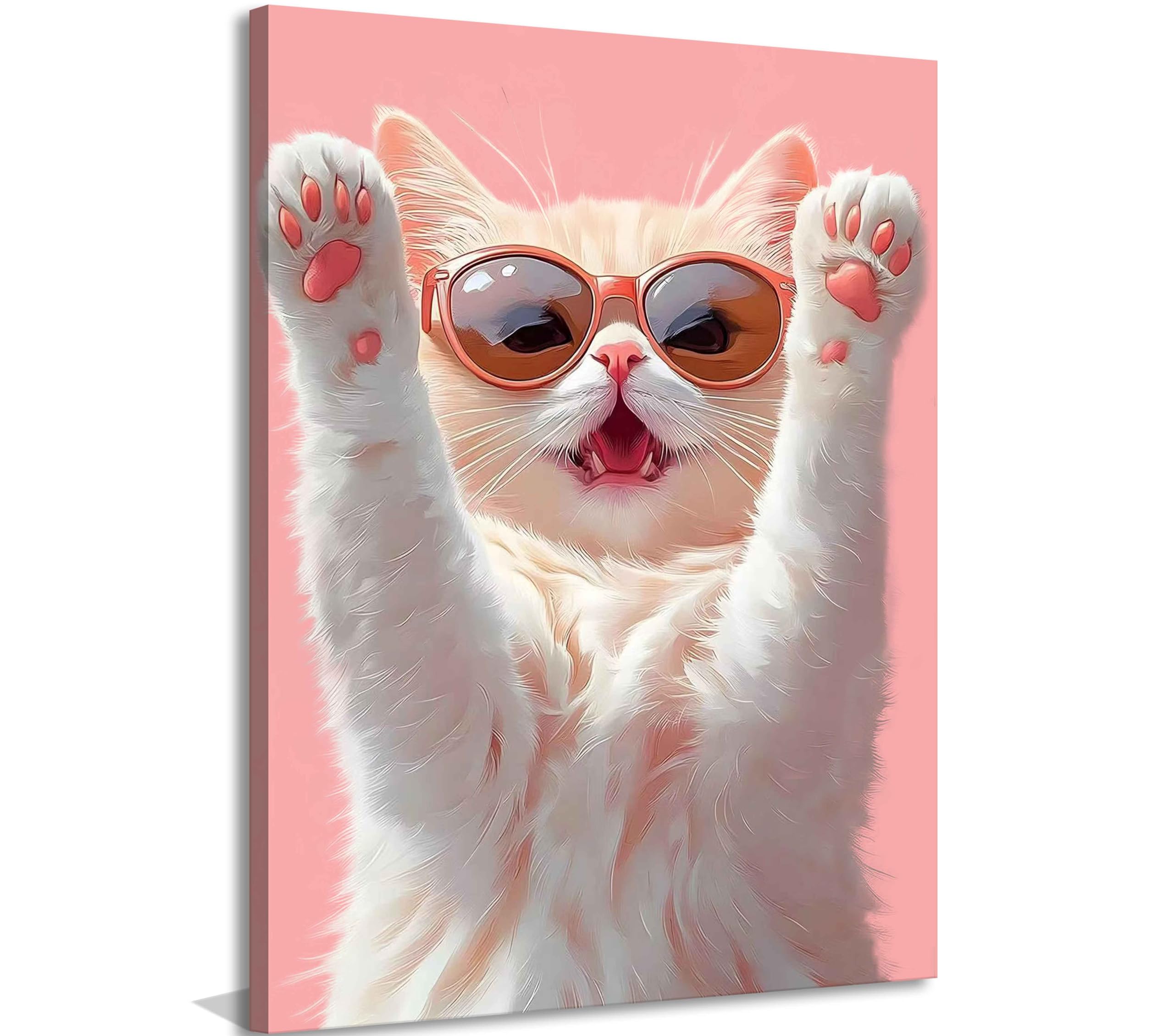 Funny Cat Canvas Wall Art Pink Girls Room Wall Decor Picture Cute Cat Poster Prints for Bedroom Living Room Kitchen Bathroom Home Decoration 12x16in