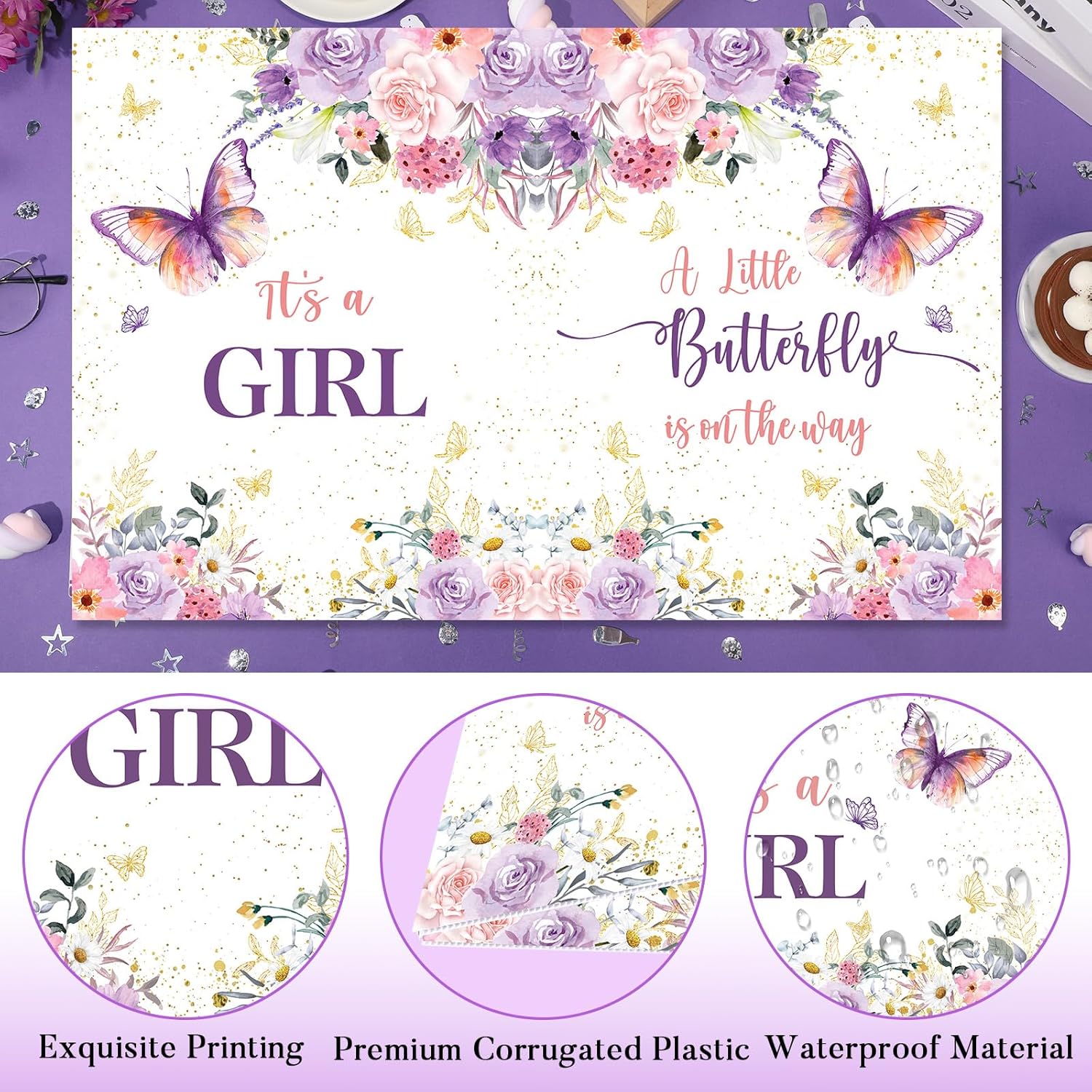 Giant It's a Girl Greeting Card 22 x 14 inch A Little Butterfly is On The Way Baby Shower Decorations Floral Large Pink Purple Jumbo Baby Shower Greeting Card for Girl Gender Reveal Party Decor - Image 7