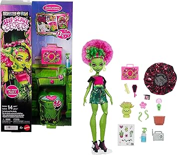 Monster High Self-Scare Secrets Venus McFlytrap Doll and Accessories Set with 13 Realistic Surprises Like Haircare Products, Bonnet and Plant