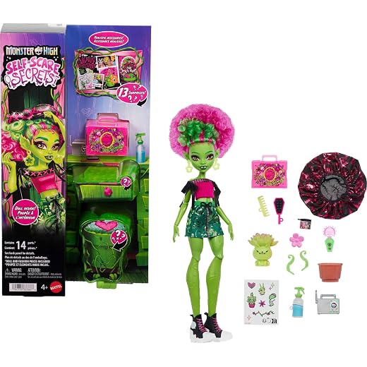 Monster High Self-Scare Secrets Venus McFlytrap Doll and Accessories Set with 13 Realistic Surprises Like Haircare Products, Bonnet and Plant