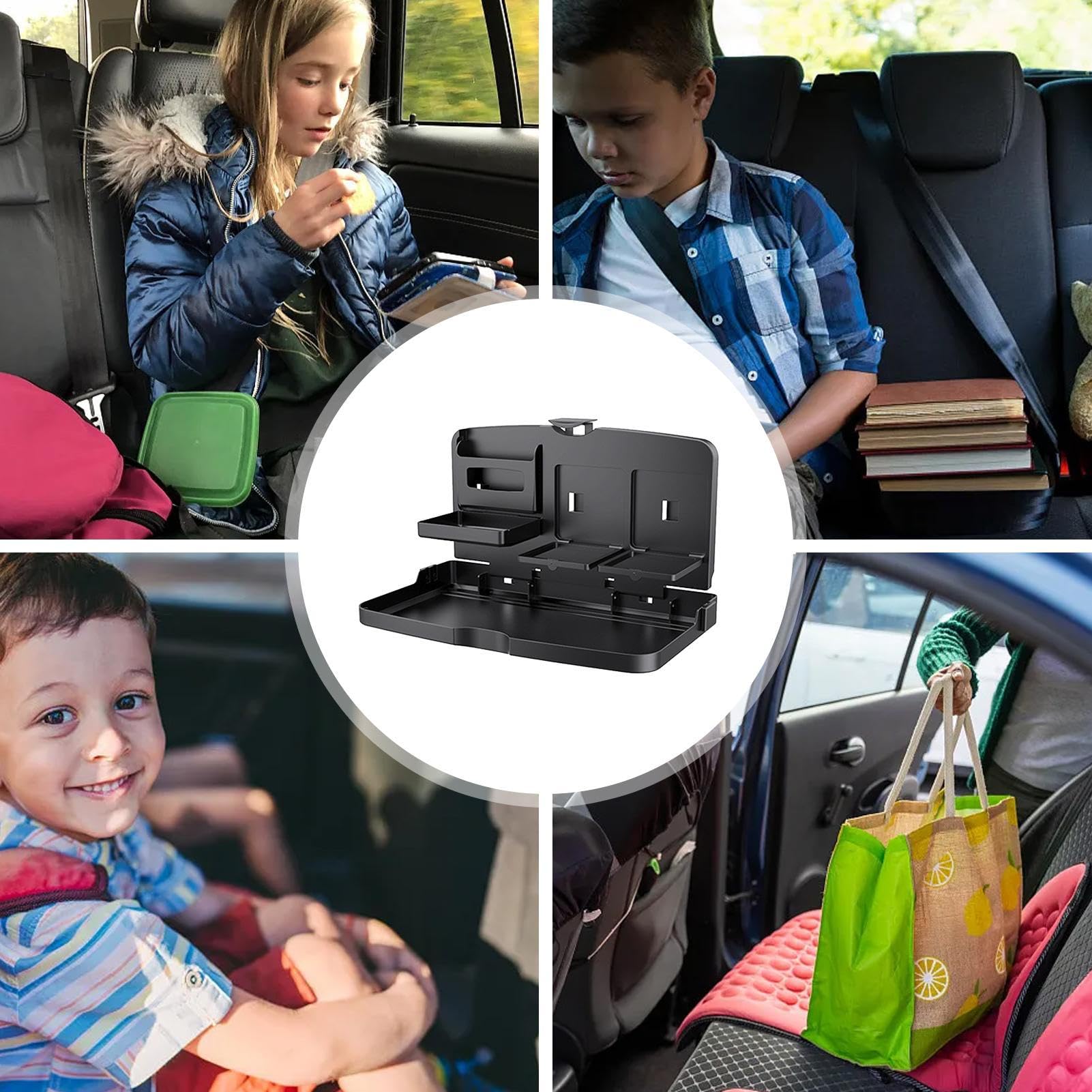 Bandeja de asiento trasero de coche – Tableta plegable para coche, bandeja compacta | Soporte para comida plegable, soporte para taza fija con almacenamiento multifuncional utilizado durante viajes